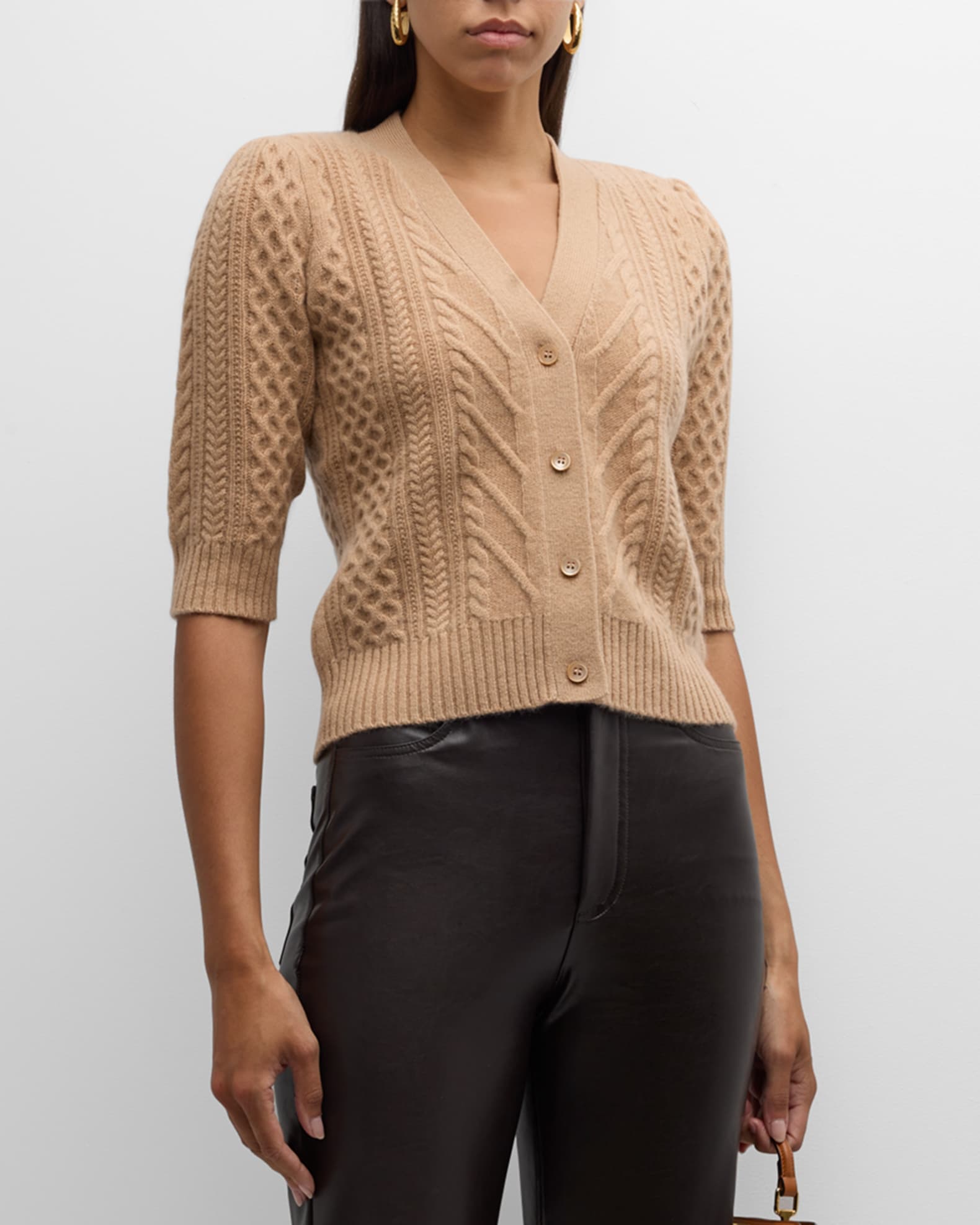 Neiman Marcus Cashmere Collection Cashmere Cable Elbow Sleeve Cardigan Camel Women s XL Sweaters Cashmere Sweaters