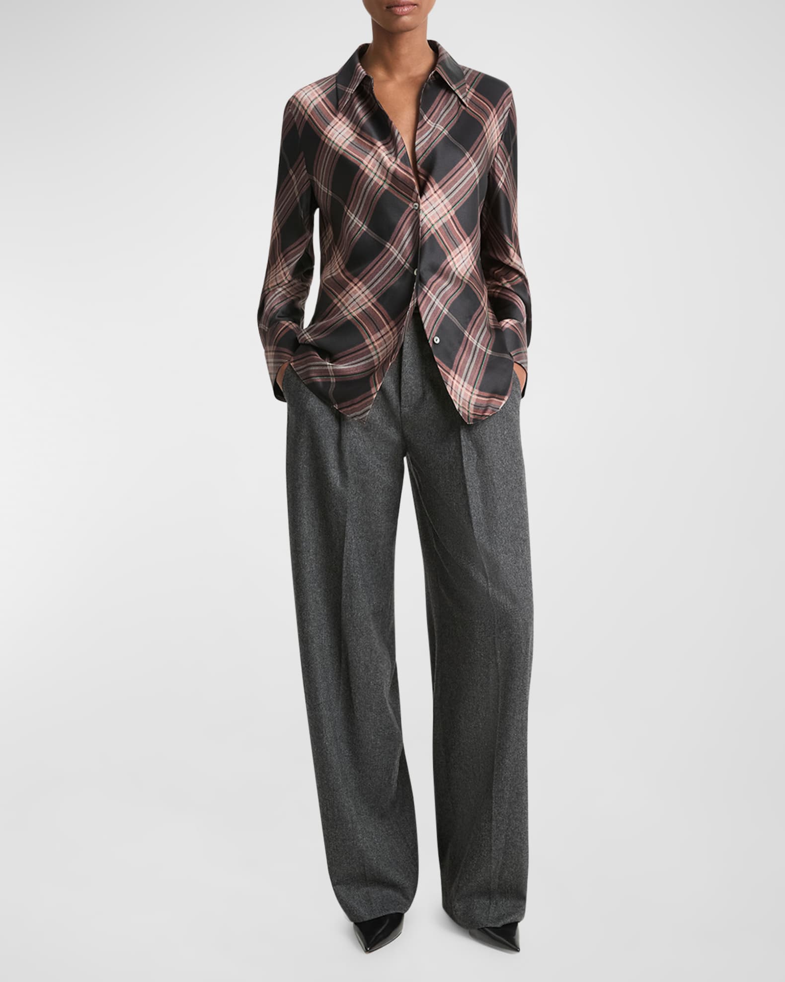 Long-Sleeve Plaid Silk Blouse 1