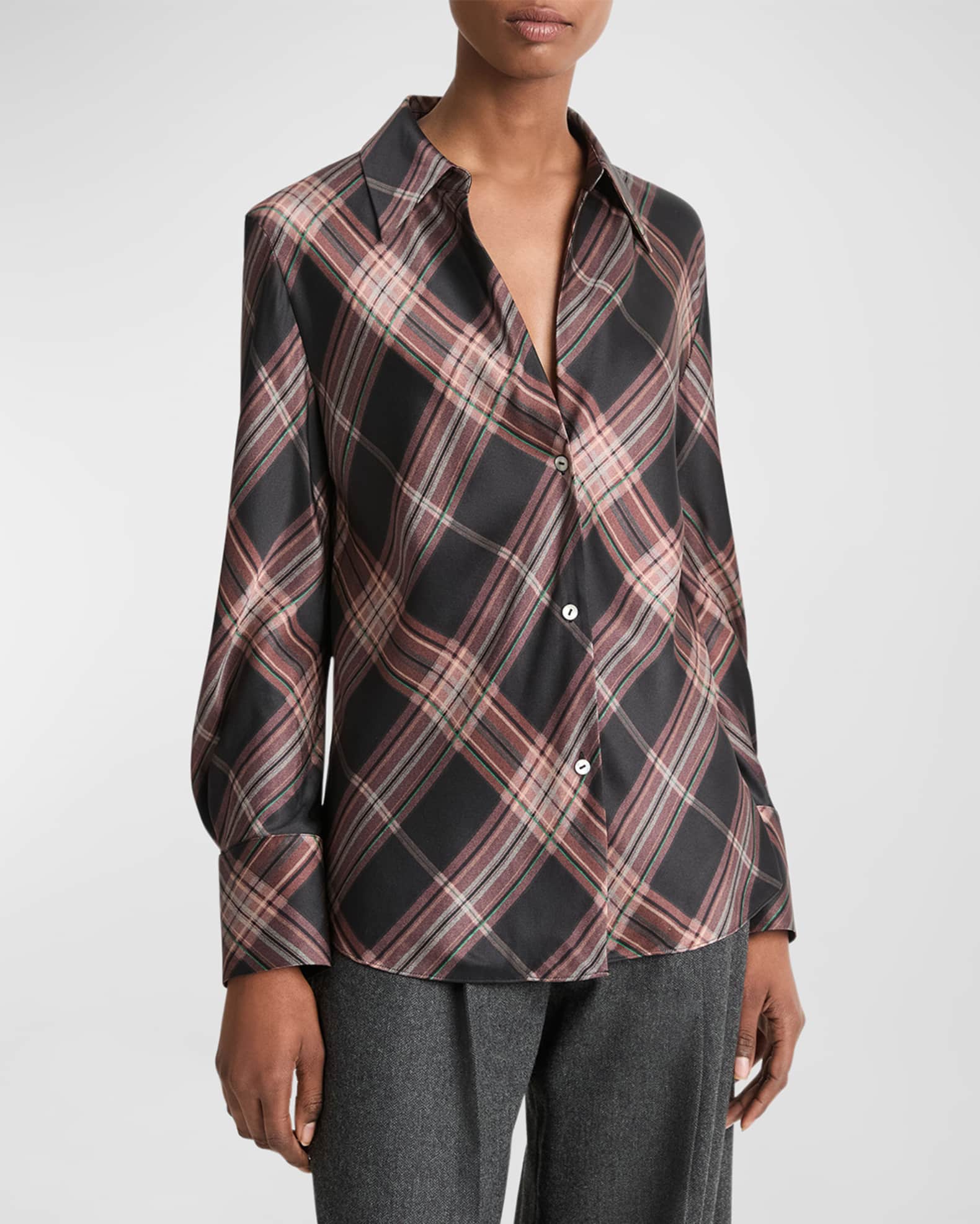 Long-Sleeve Plaid Silk Blouse 0