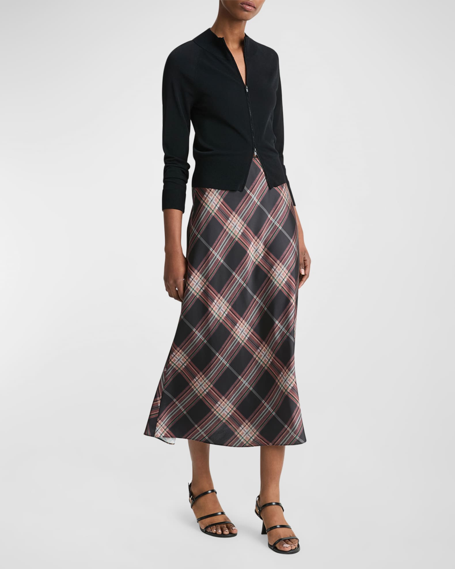 Vince pleated draped plaid midi skirt hot sale