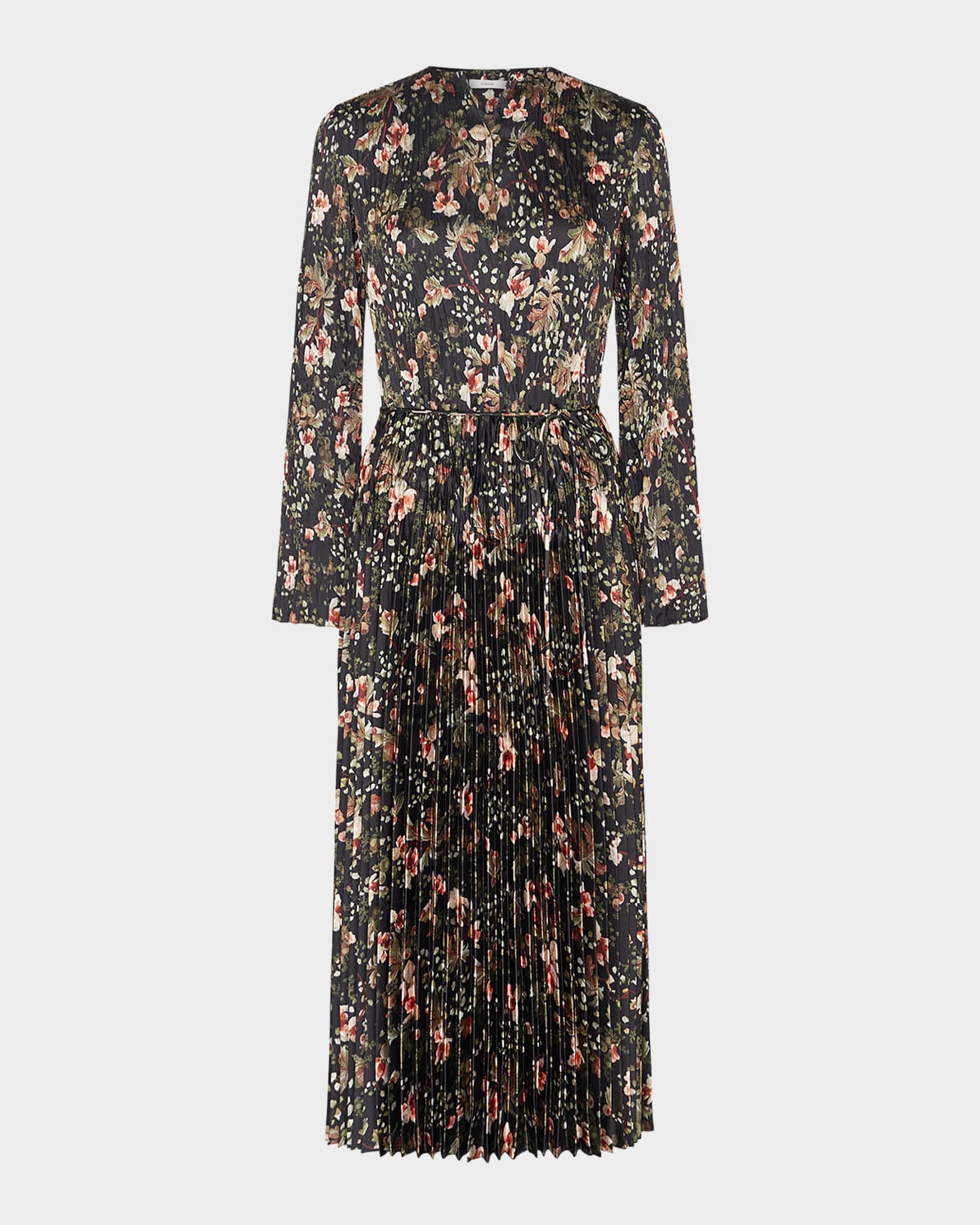 Vince Orchid Vine Pleated Satin Long Sleeve Dress in Black Night S