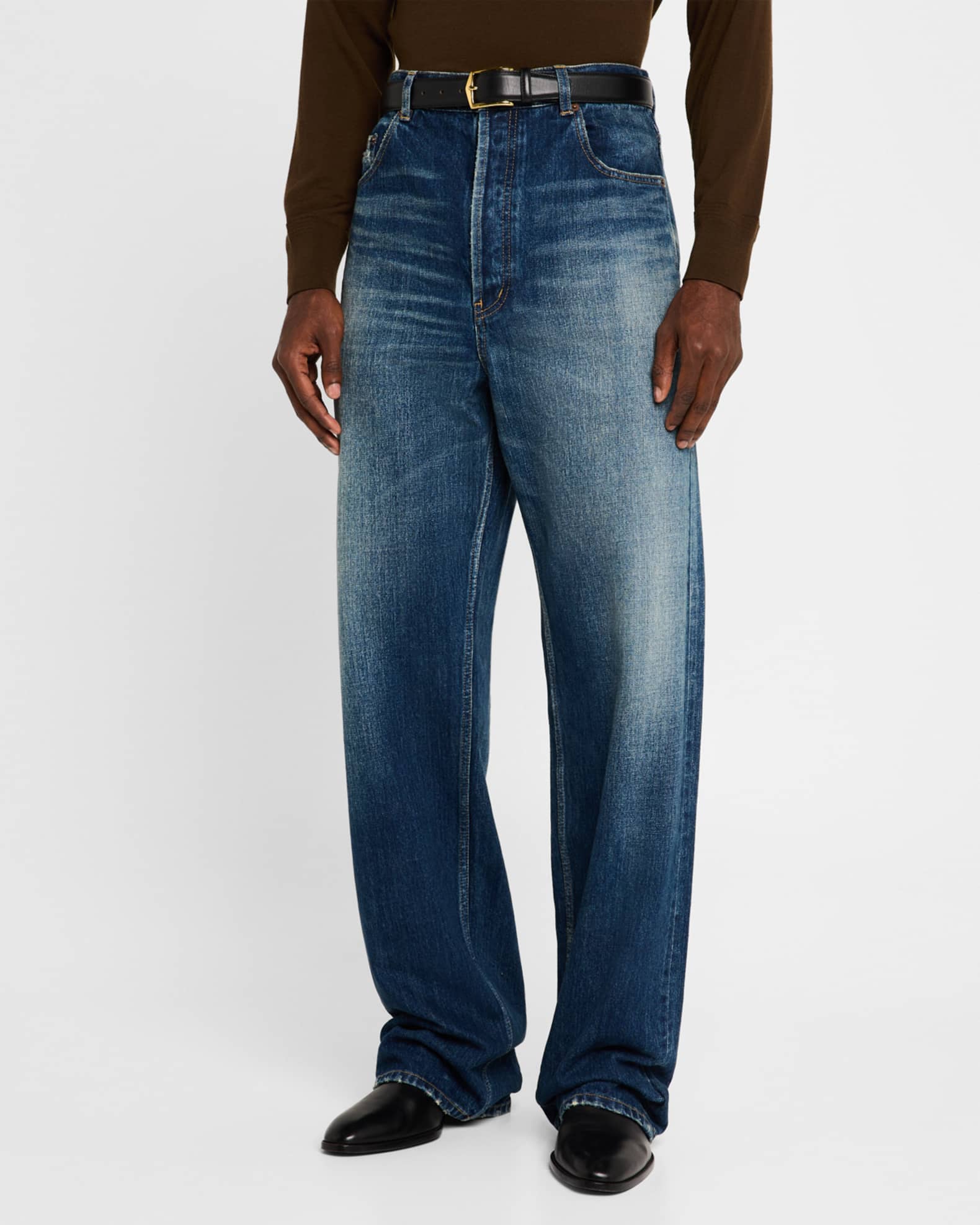 Saint Laurent Men's Wide-Leg Faded Jeans | Neiman Marcus