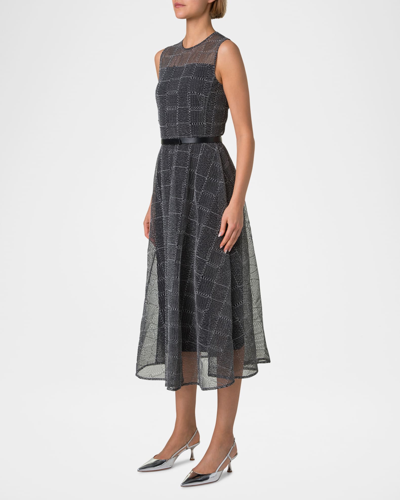 Akris Square Embroidered Tulle Sleeveless Midi Dress | Neiman Marcus