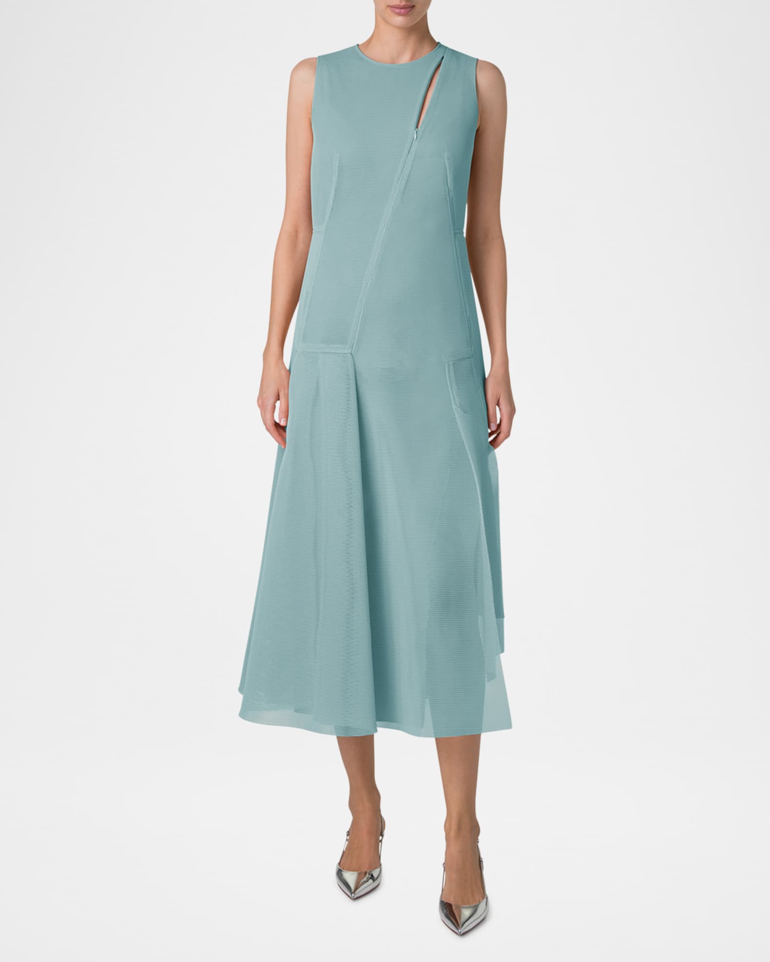 Asymmetric Sleeveless Pleat Techno Midi Dress 1