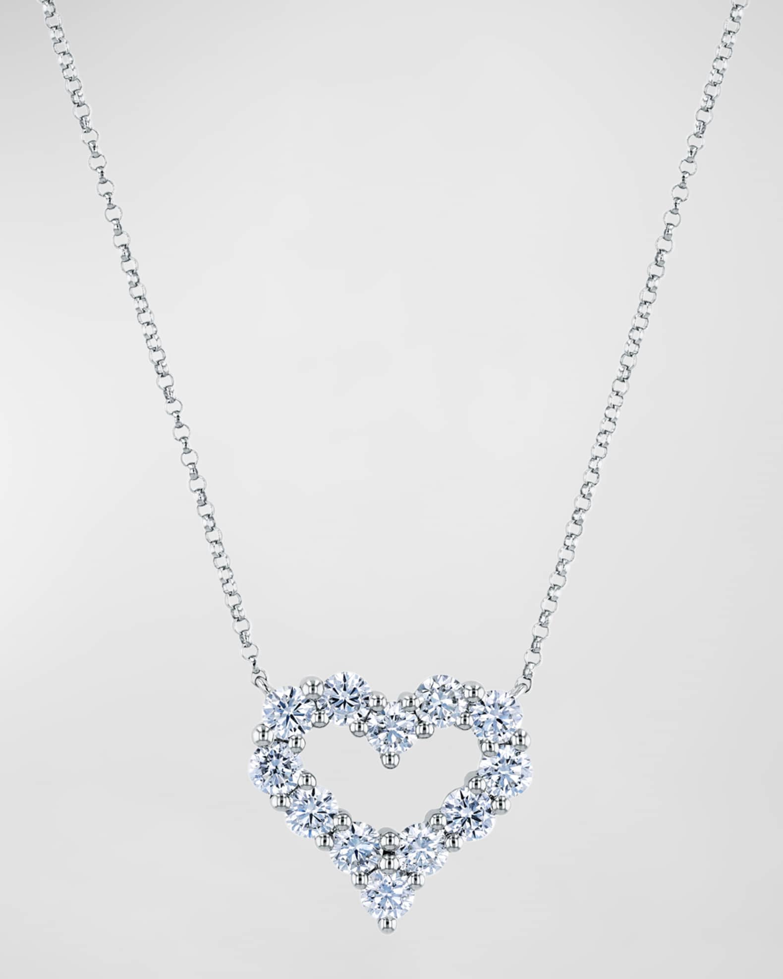 18K Gold Shared Prong Round Diamond Heart Pendant 16" Necklace, 1.70tcw 0
