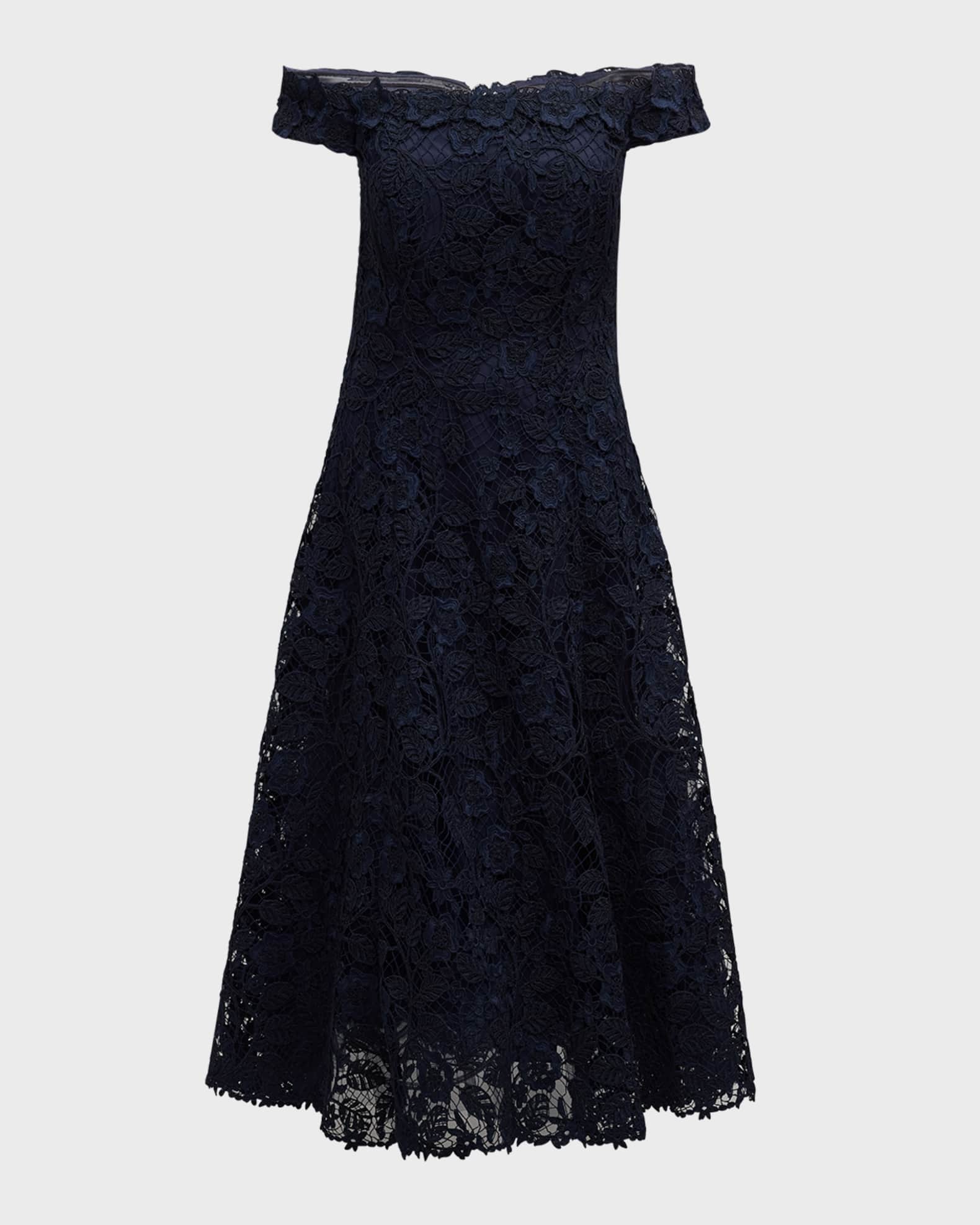 Rickie Freeman for Teri Jon Off-Shoulder Floral Lace Midi Dress