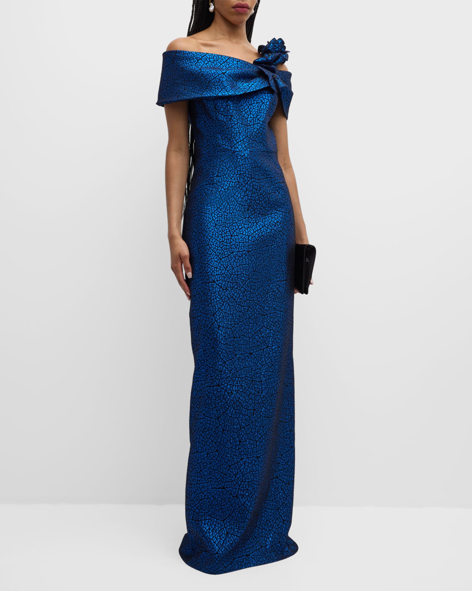 One-Shoulder Metallic Jacquard Column Gown 1