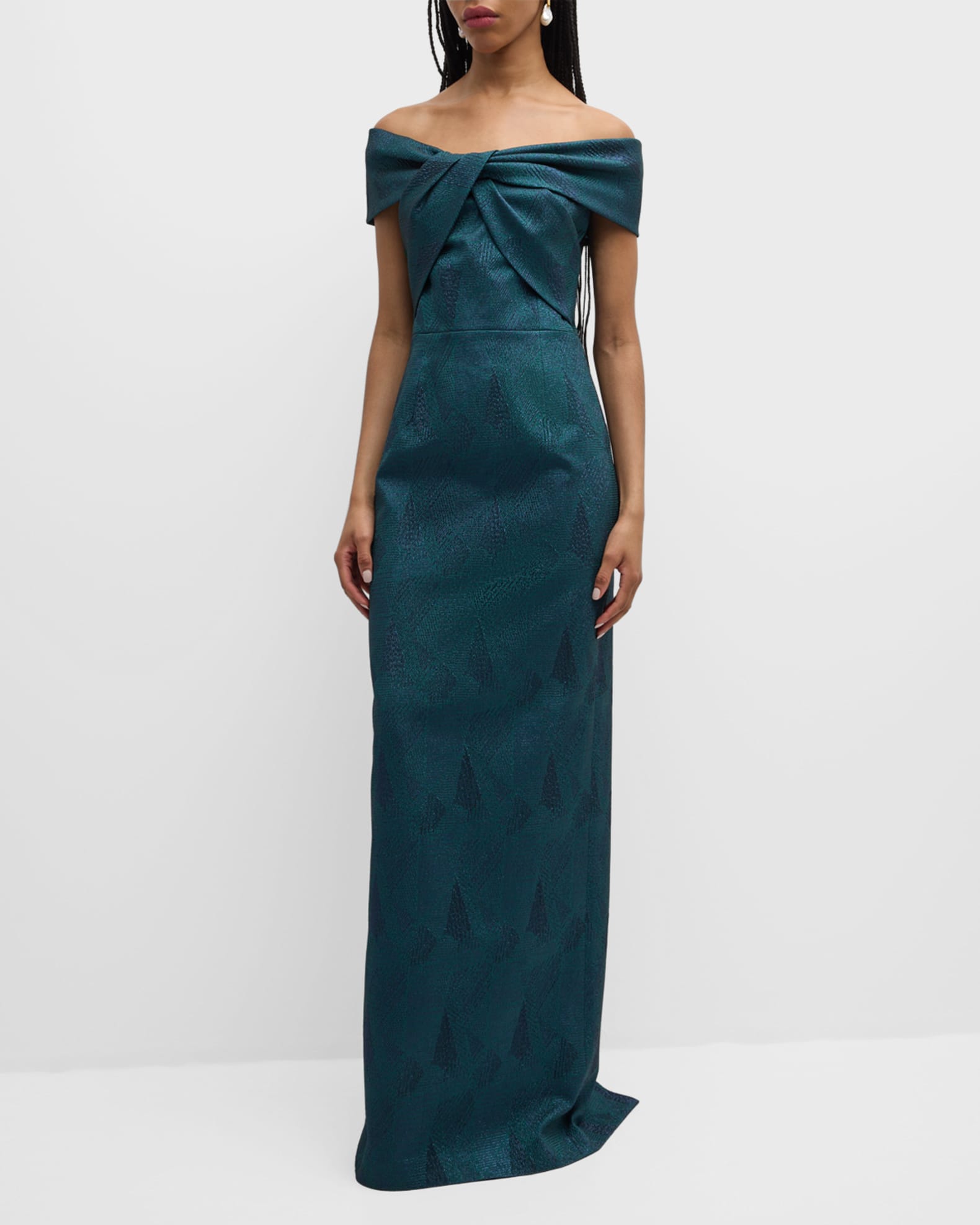 Off-Shoulder Stretch Jacquard Column Gown 1