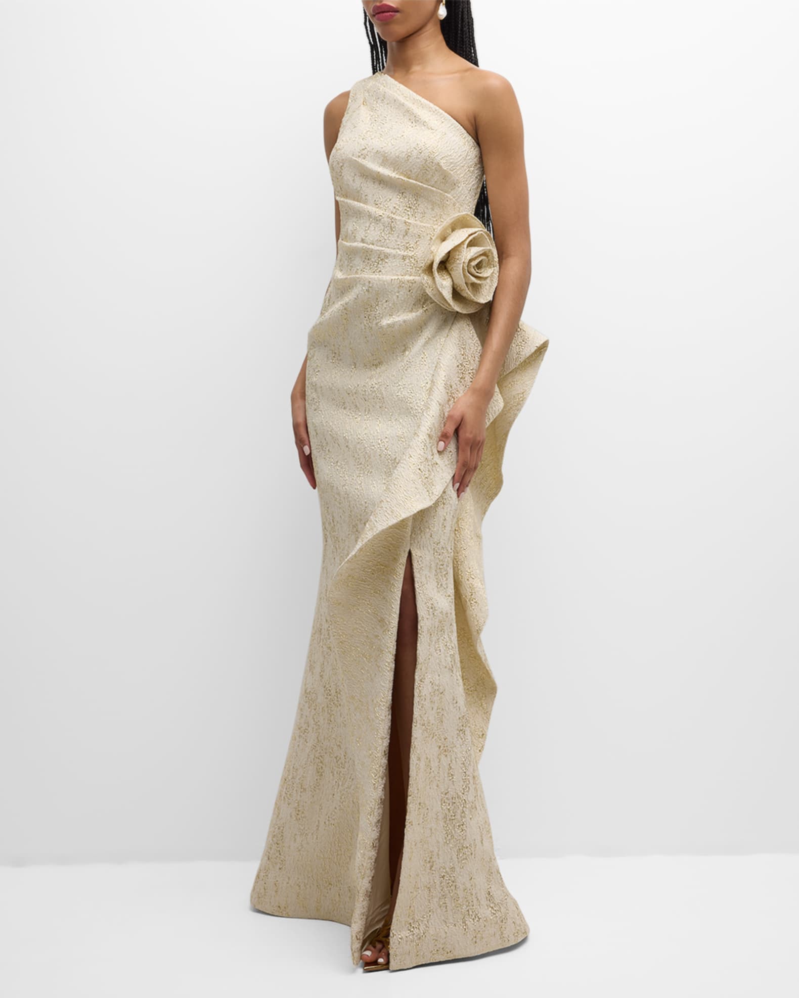 One Shoulder Metallic Stretch Jacquard Column Gown In Light Gold main image 1