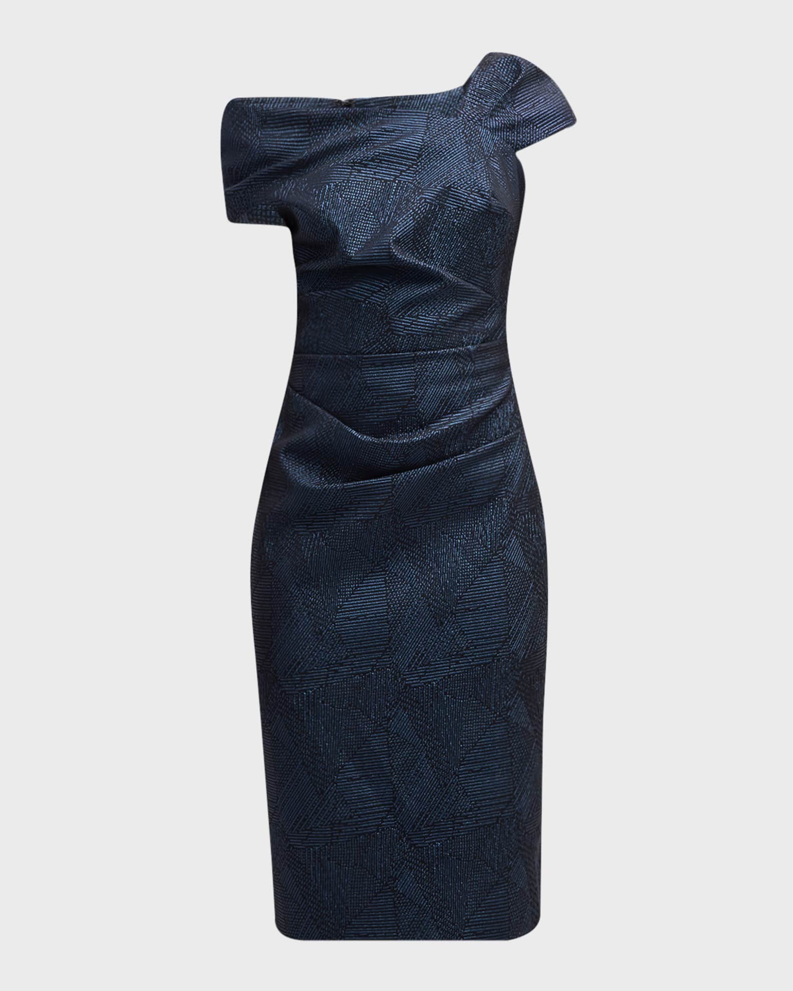 Rickie Freeman for Teri Jon Ruched One Shoulder Metallic Jacquard Dress Navyblack Women s 16 One Shoulder Dresses