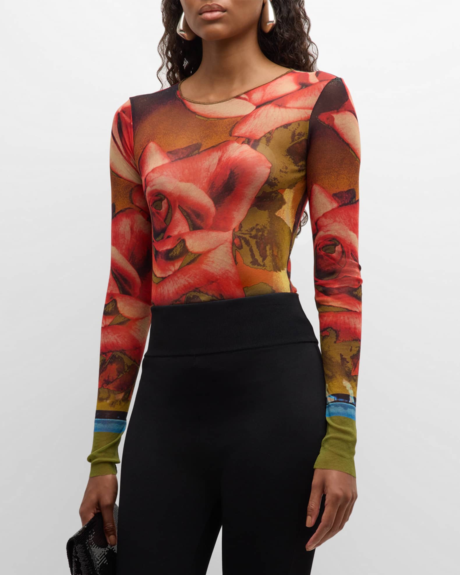 Jean Paul Gaultier Roses Mesh LongSleeve Top Neiman Marcus