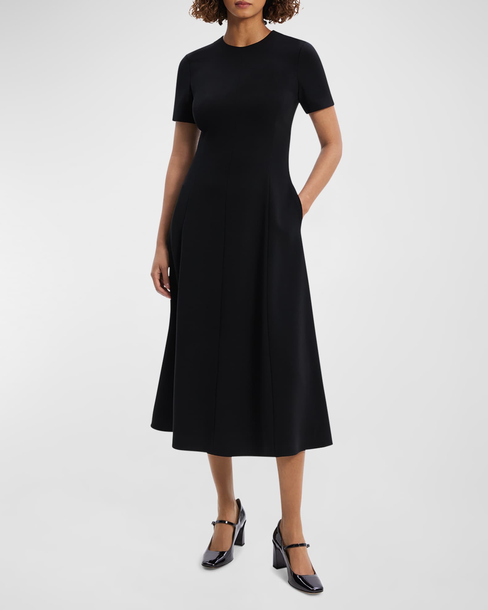 Theory Admiral Crepe Flared Short-Sleeve Midi Dress | Neiman Marcus