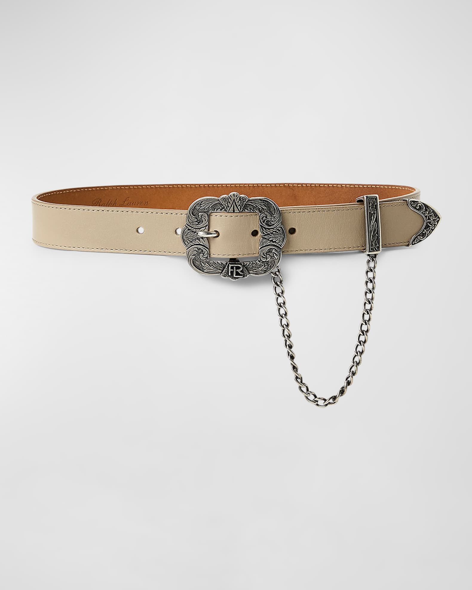 Ralph Lauren Collection Tooled Buckle Chain Trim Calfskin Belt Neiman Marcus