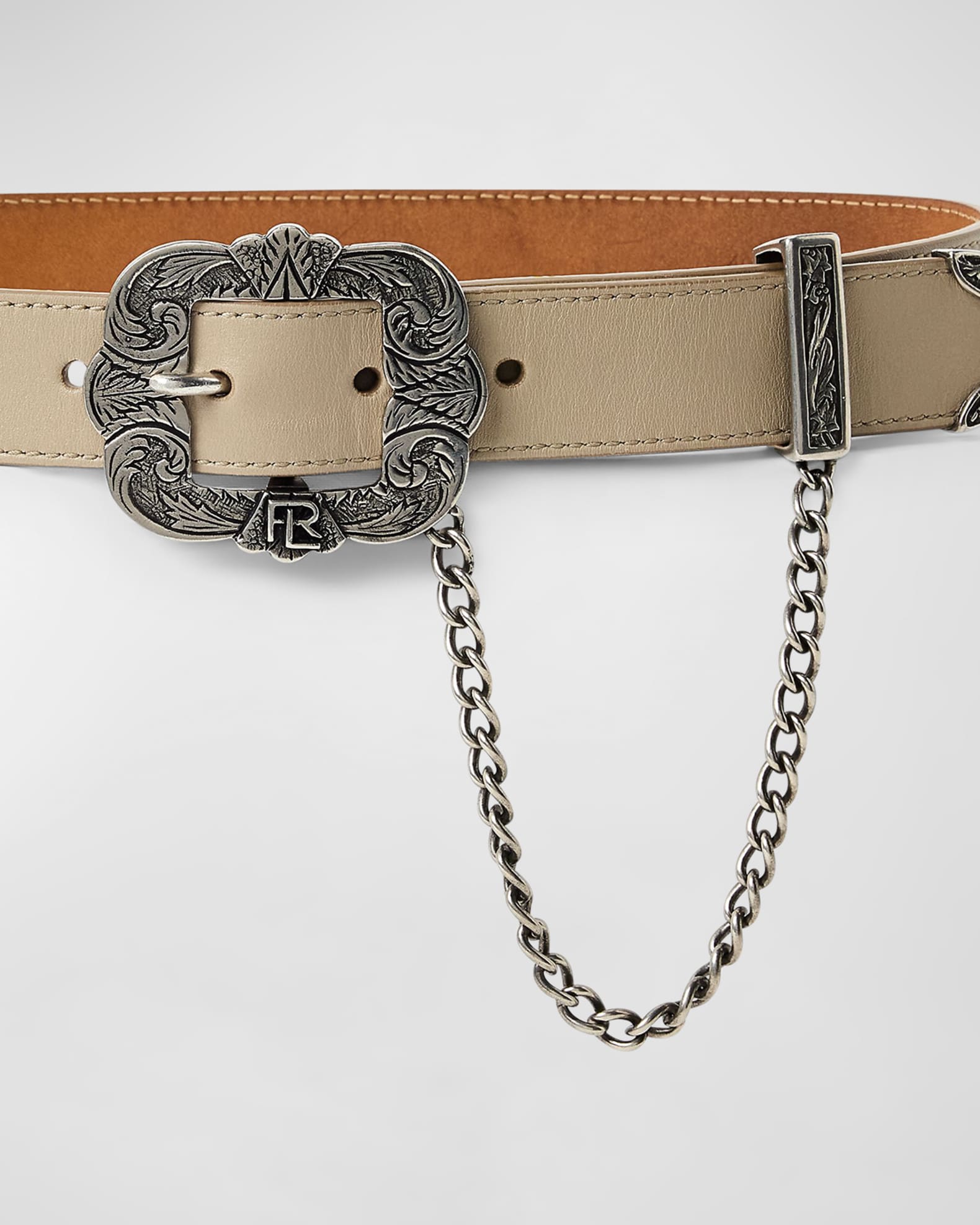 Tooled-Buckle Chain-Trim Calfskin Belt