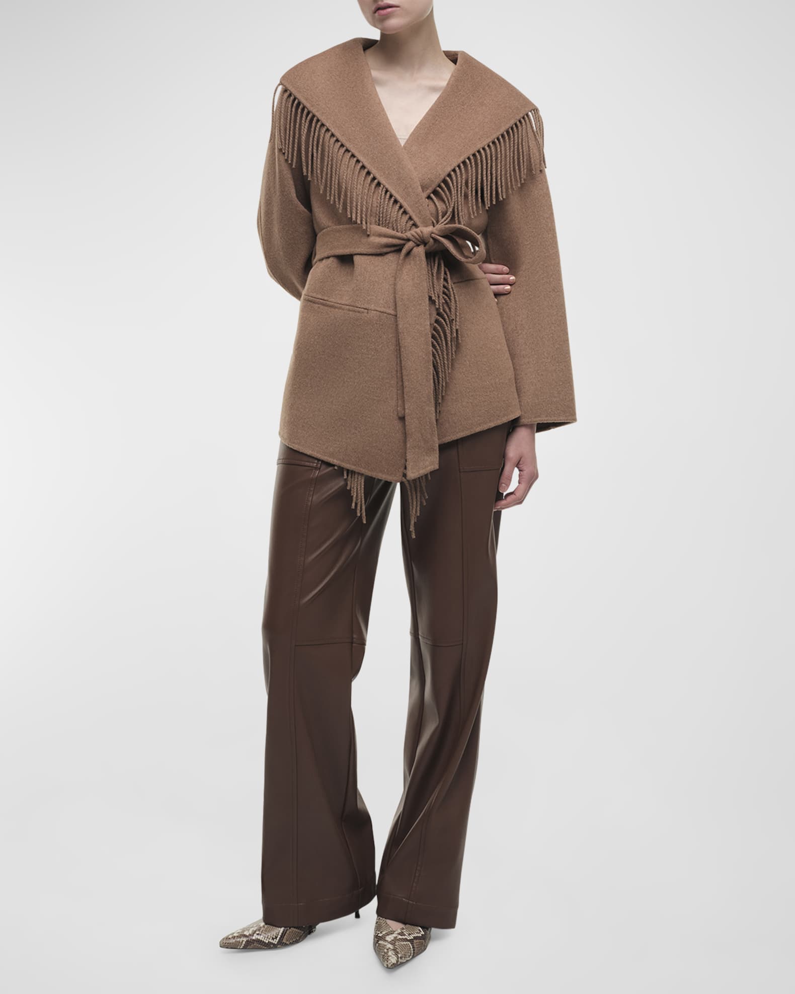 SIMKHAI Rowen Fringe Belted Wool-Blend Jacket | Neiman Marcus