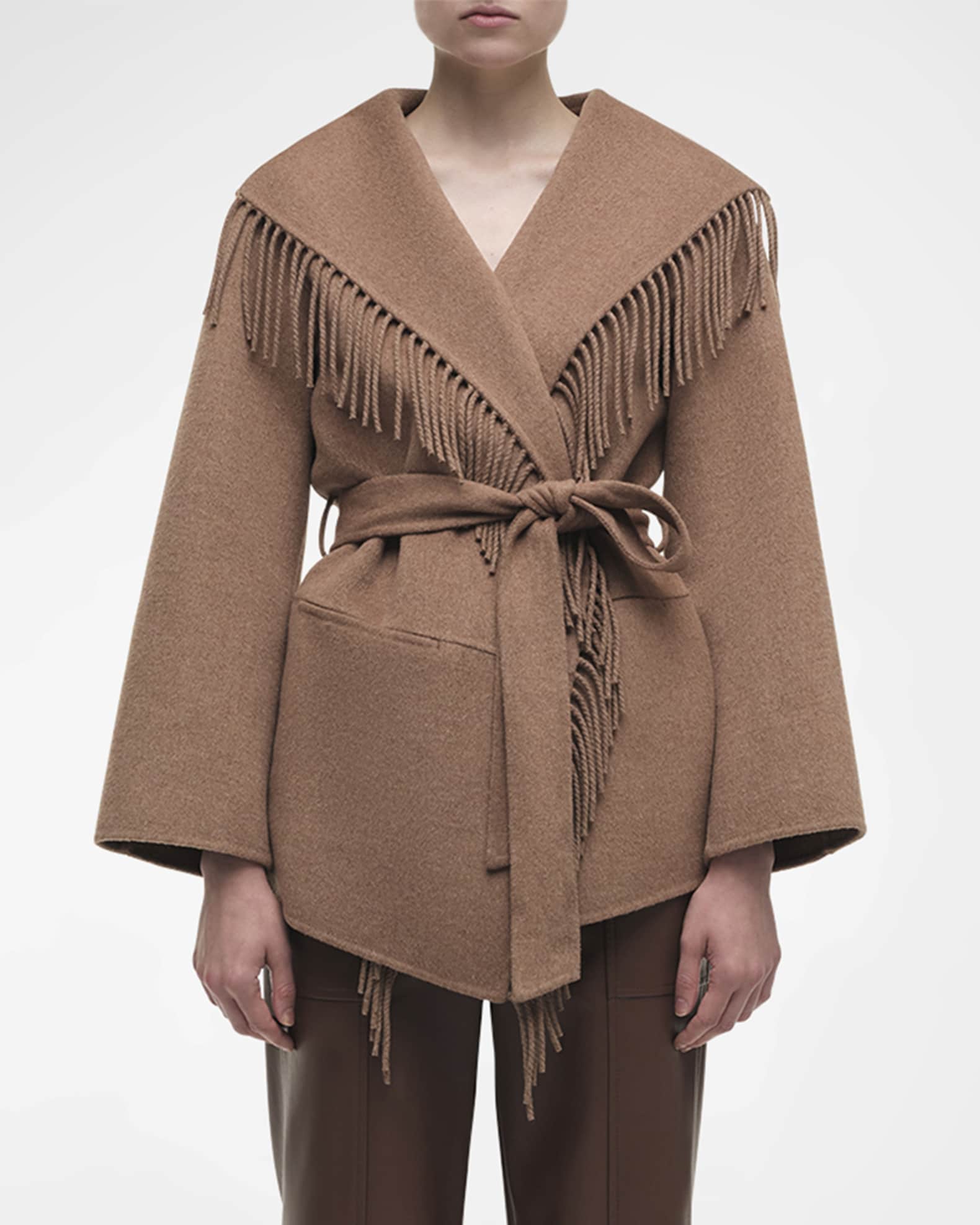 SIMKHAI Rowen Fringe Belted Wool-Blend Jacket | Neiman Marcus