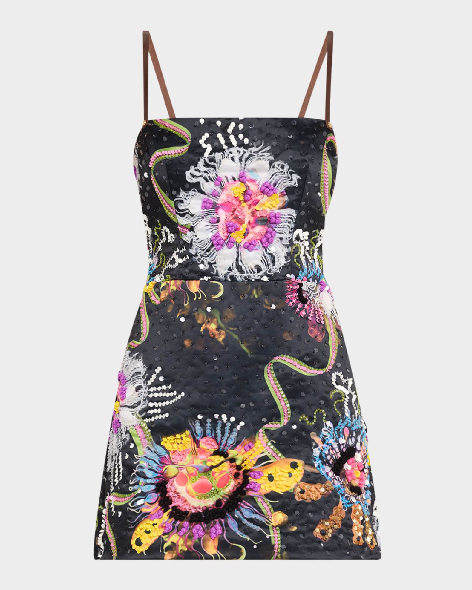 Embellished Leather-Trim Satin Mini Dress 0
