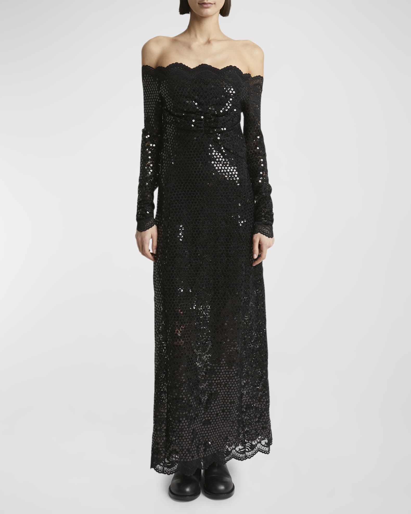 Rabanne Sequined Lace Off The Shoulder Long Sleeve Maxi Dress Neiman Marcus