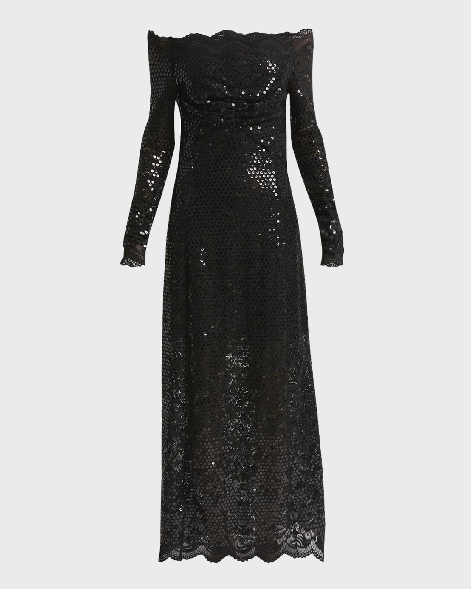 Sequined Lace Off The Shoulder Long Sleeve Maxi Dress