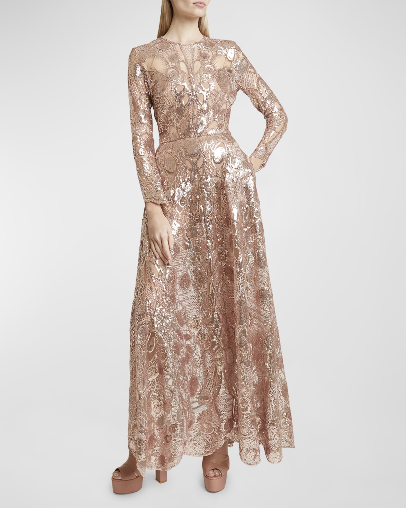 Maya Tall Bridesmaid Long Sleeve Maxi Tulle Dress With Tonal Delicate Sequin In Muted Blush
