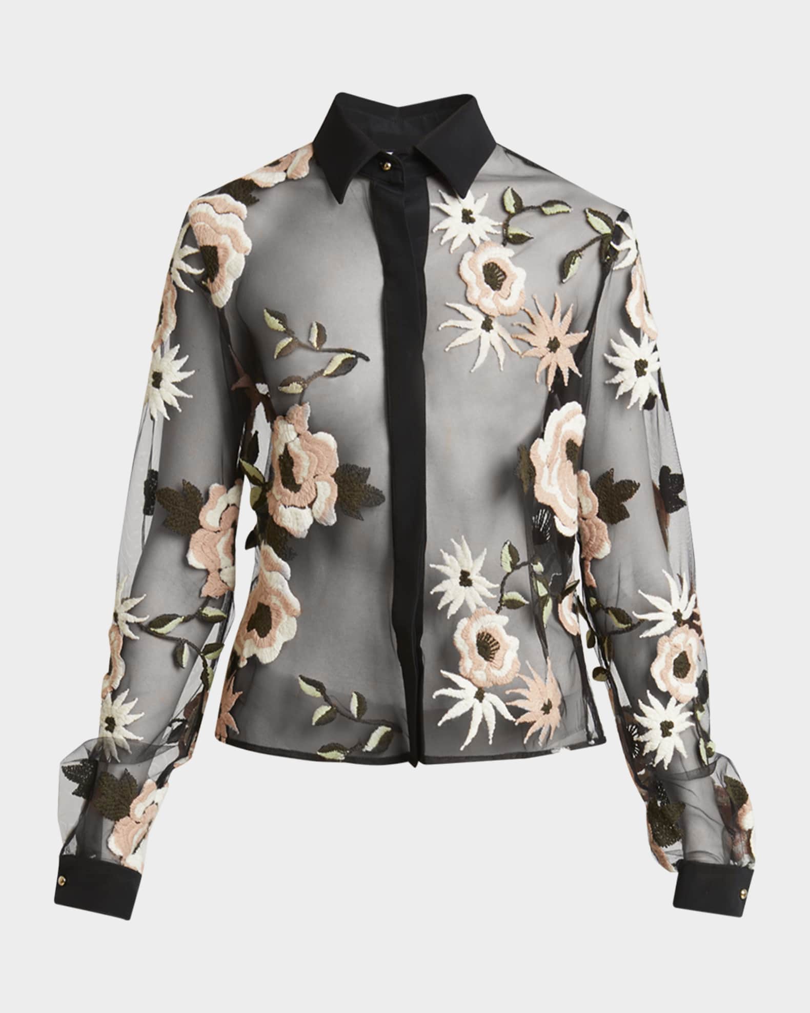 Elie Saab Floral Embroidered Tulle Button-Down Shirt