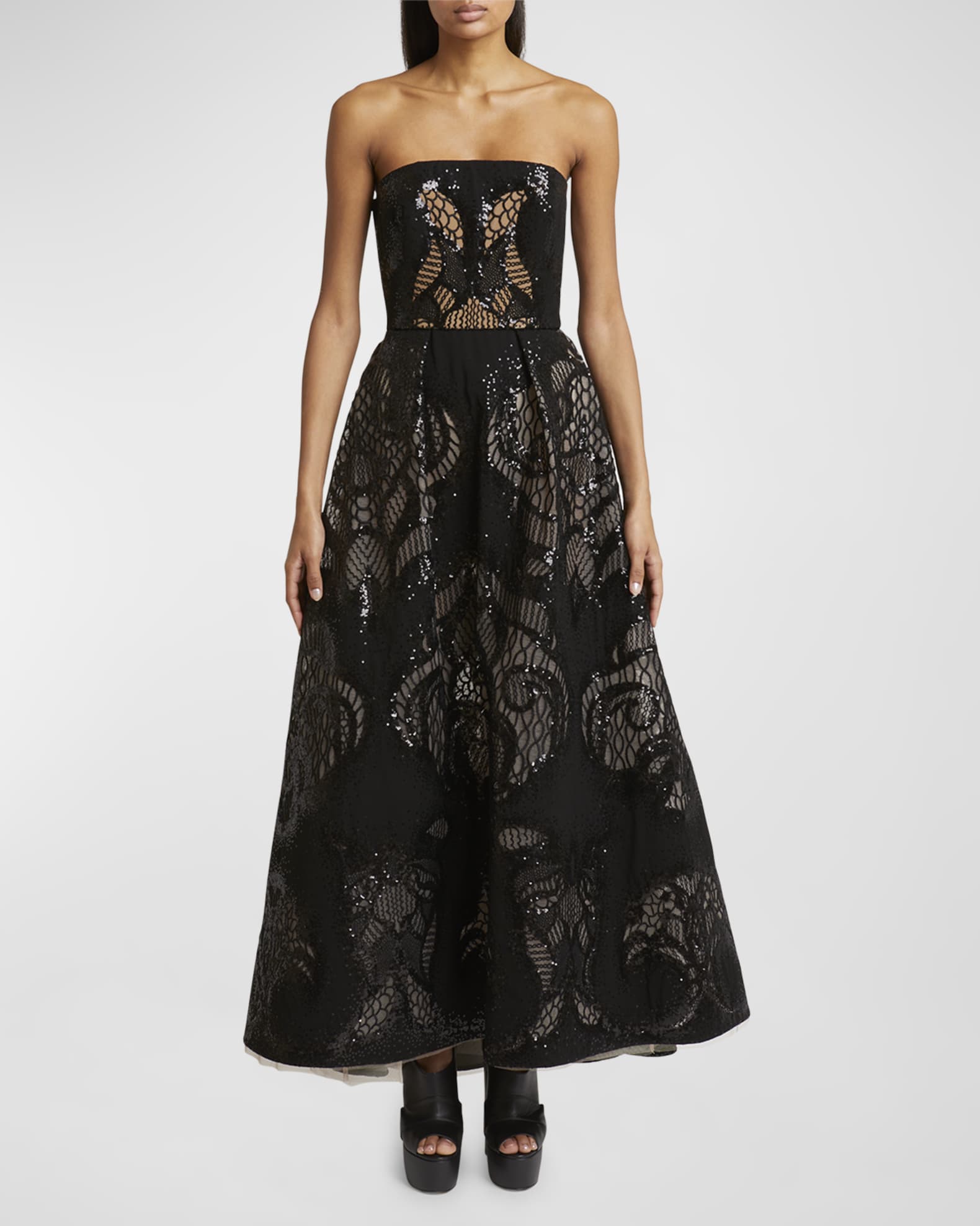 Strapless Sequin Lace Embroidered Tulle Midi Dress 1
