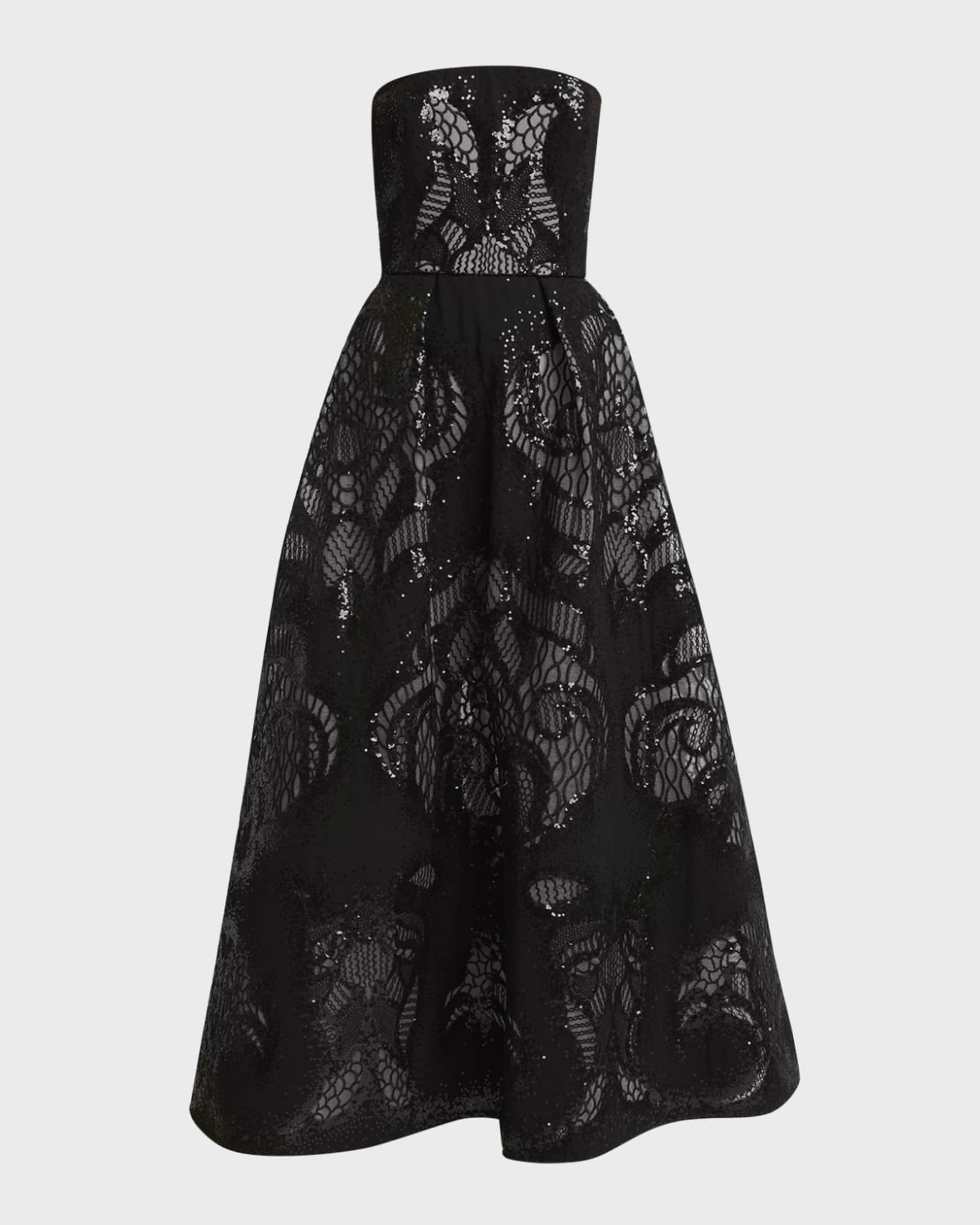 Strapless Sequin Lace Embroidered Tulle Midi Dress 0