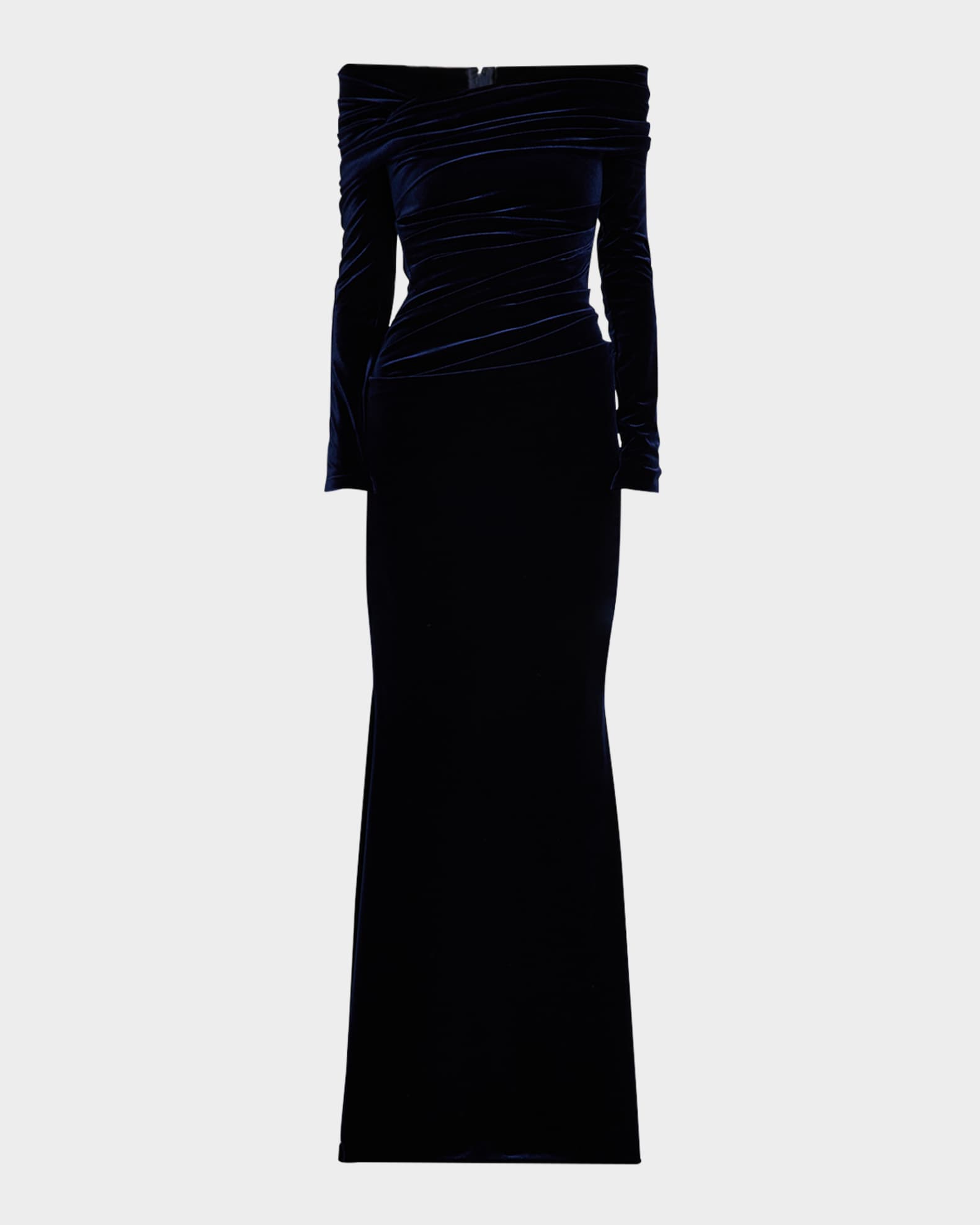 Off the Shoulder Stretch Velvet Long Sleeve Gown