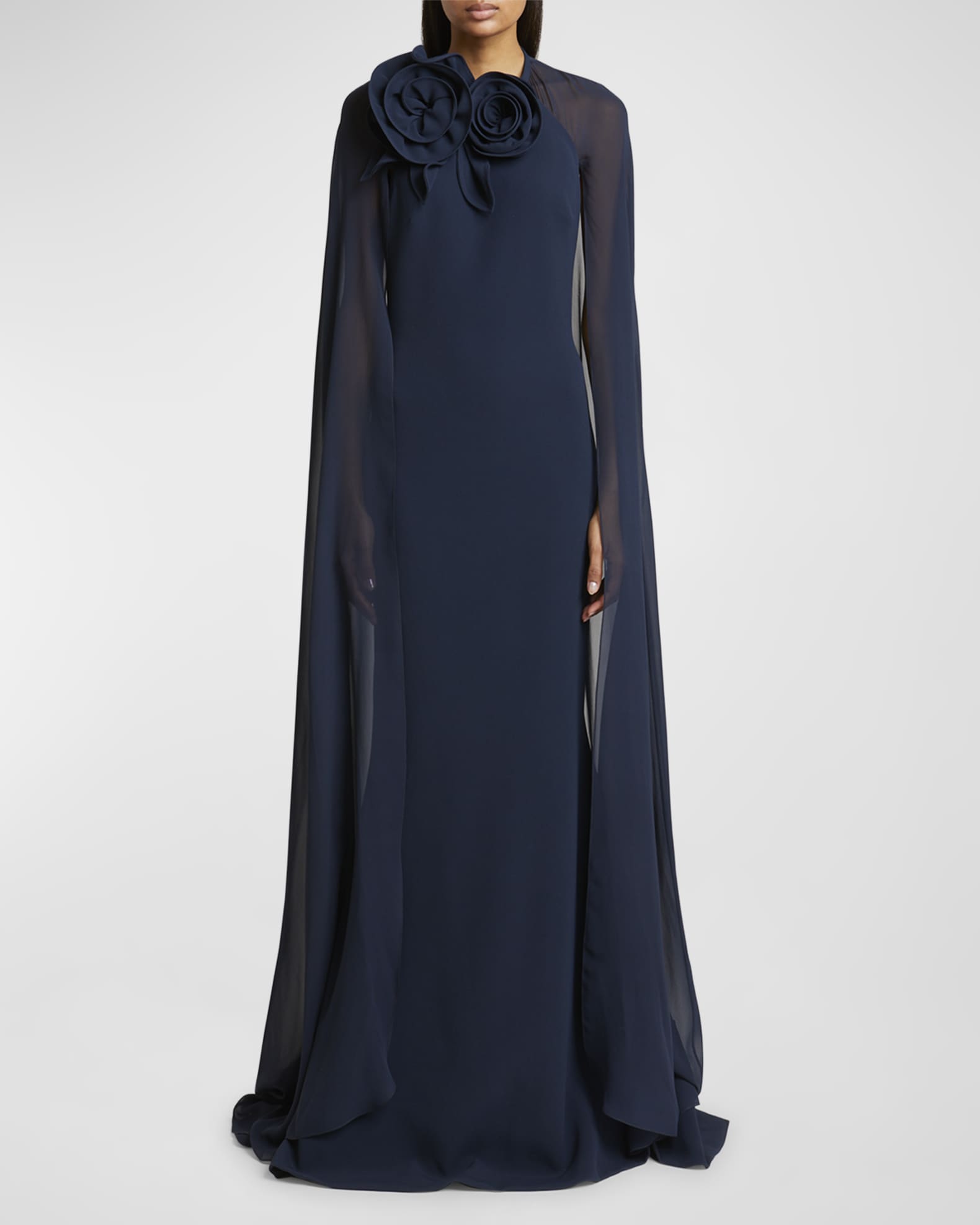 Elie Saab Flower Neck Cape Trumpet Gown Moody Blue Women s 2 Evening Formal Gala Gowns Mother of The Bride Groom Mermaid Trumpet Gowns