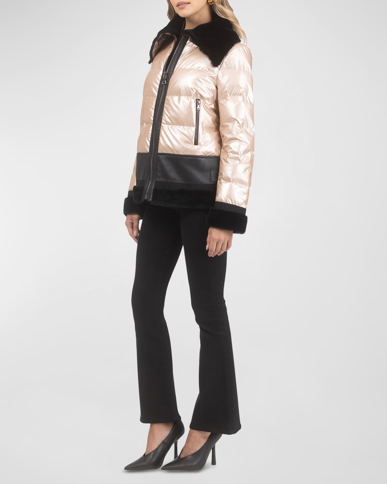 Shiny Quilted Jacket With Lamb Shearling Trim 1