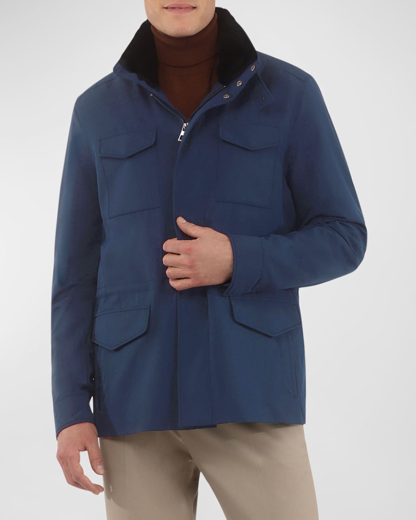 Men's Loro Piana Storm System Lined Jacket with Detachable Shearling Lamb Collar 1