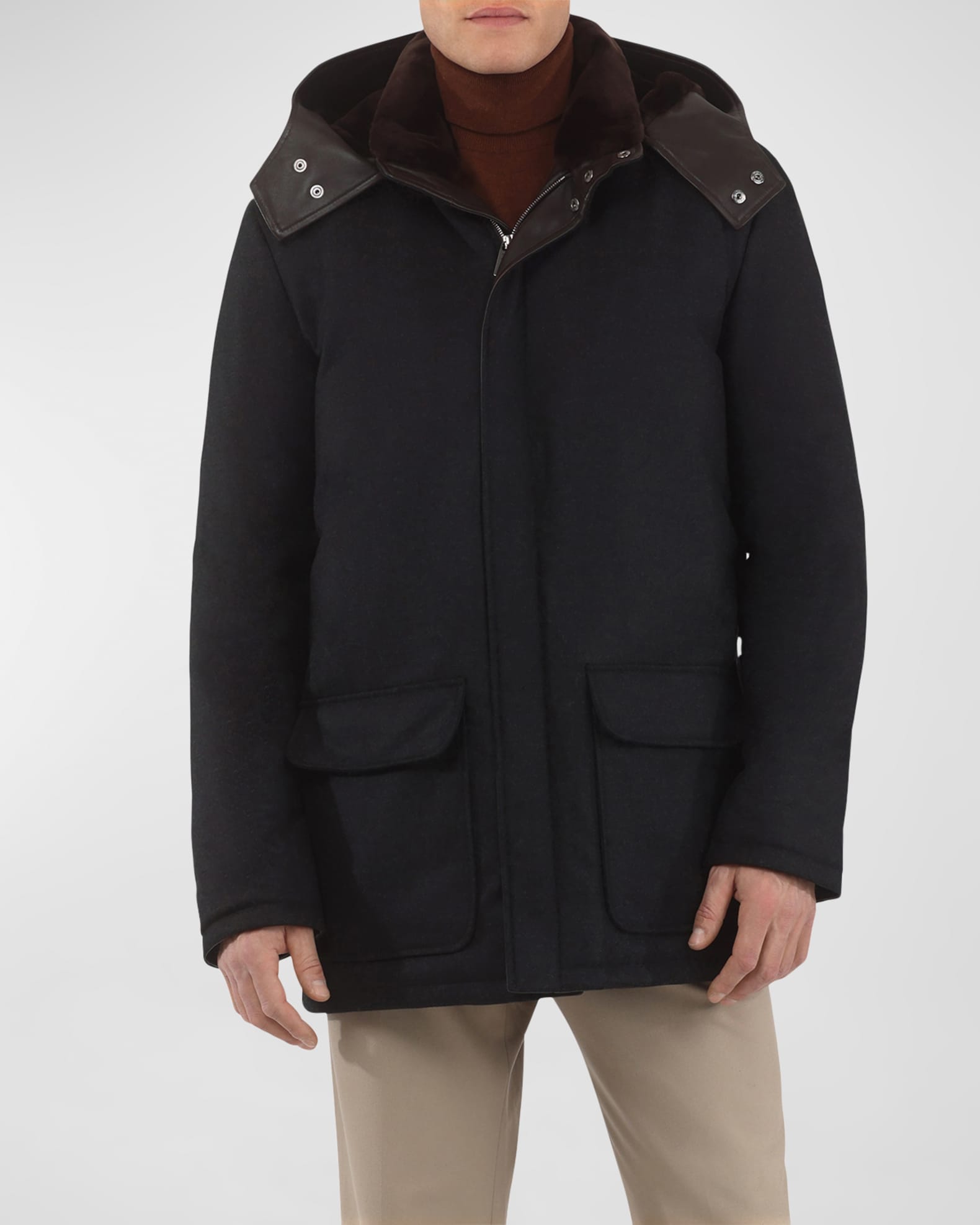 Men's Loro Piana Wool-Cashmere Parka with Lamb Shearling Collar and Detachable Hood 1