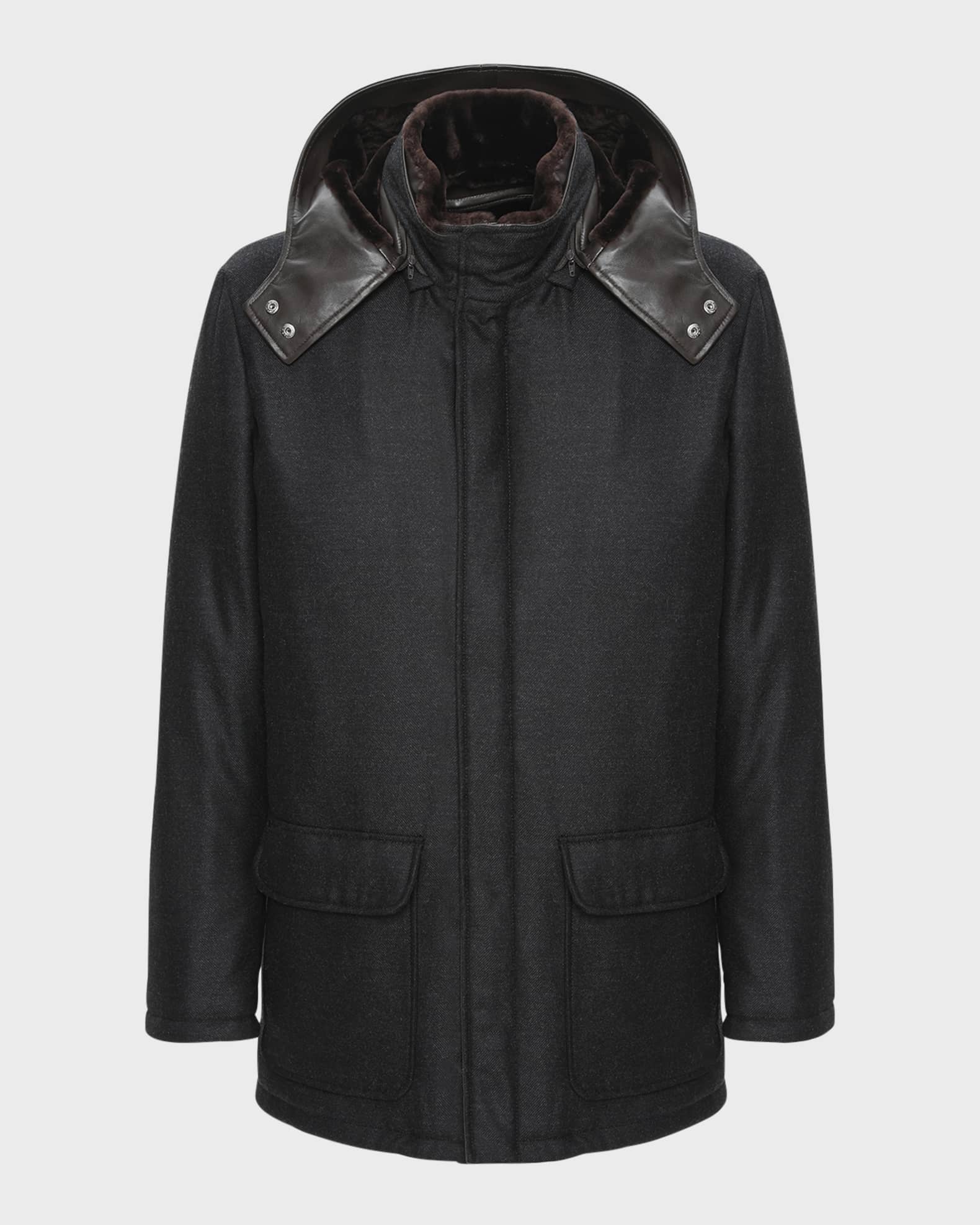 Men's Loro Piana Wool-Cashmere Parka with Lamb Shearling Collar and Detachable Hood 0