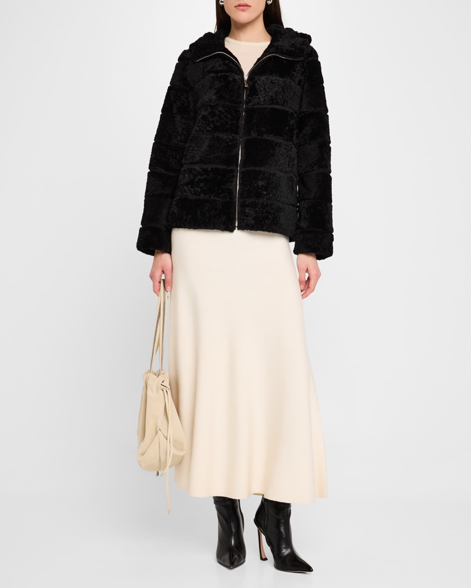 Horizontal Curly Lamb Shearling Zip Jacket With Hood 1