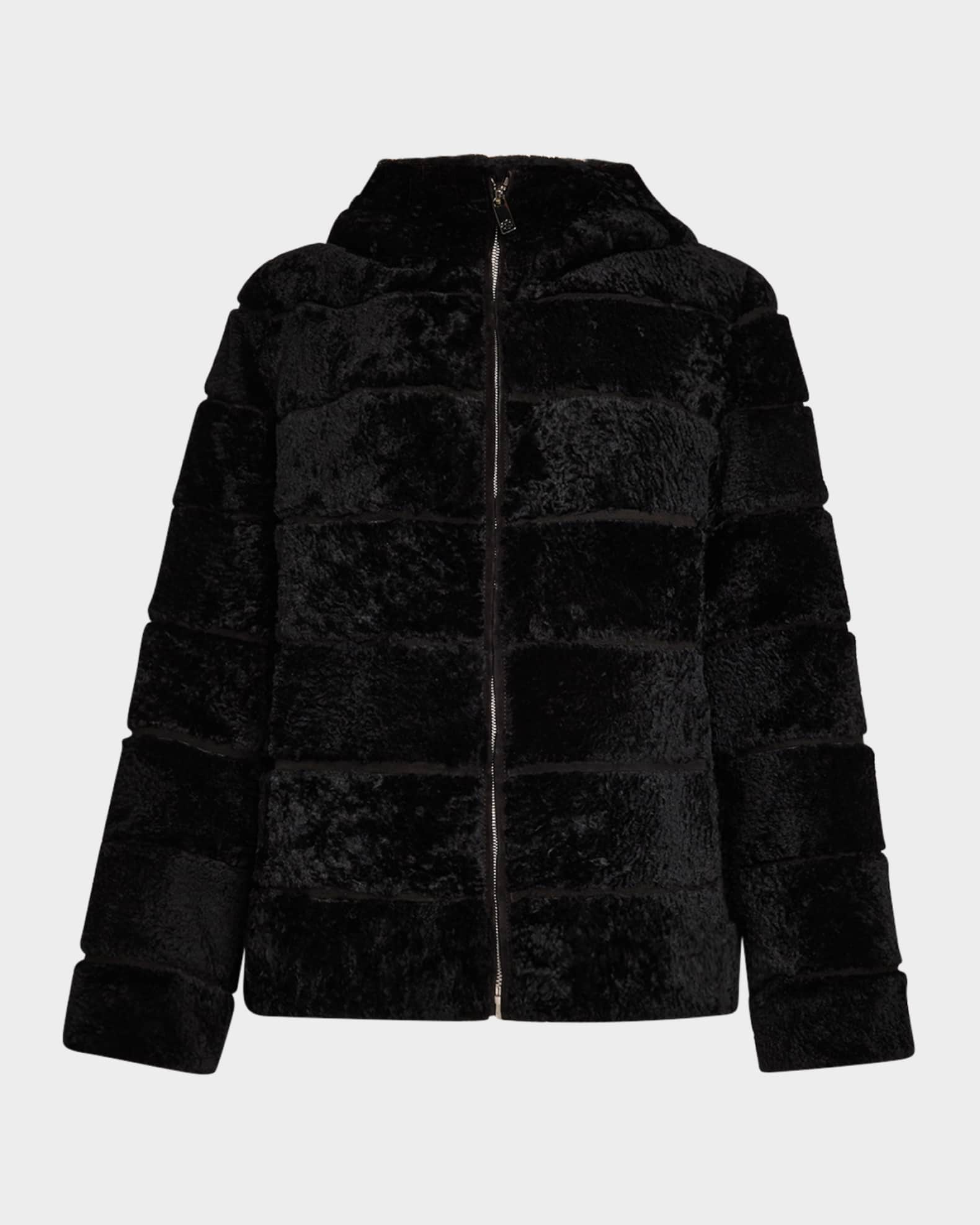 Horizontal Curly Lamb Shearling Zip Jacket With Hood 0