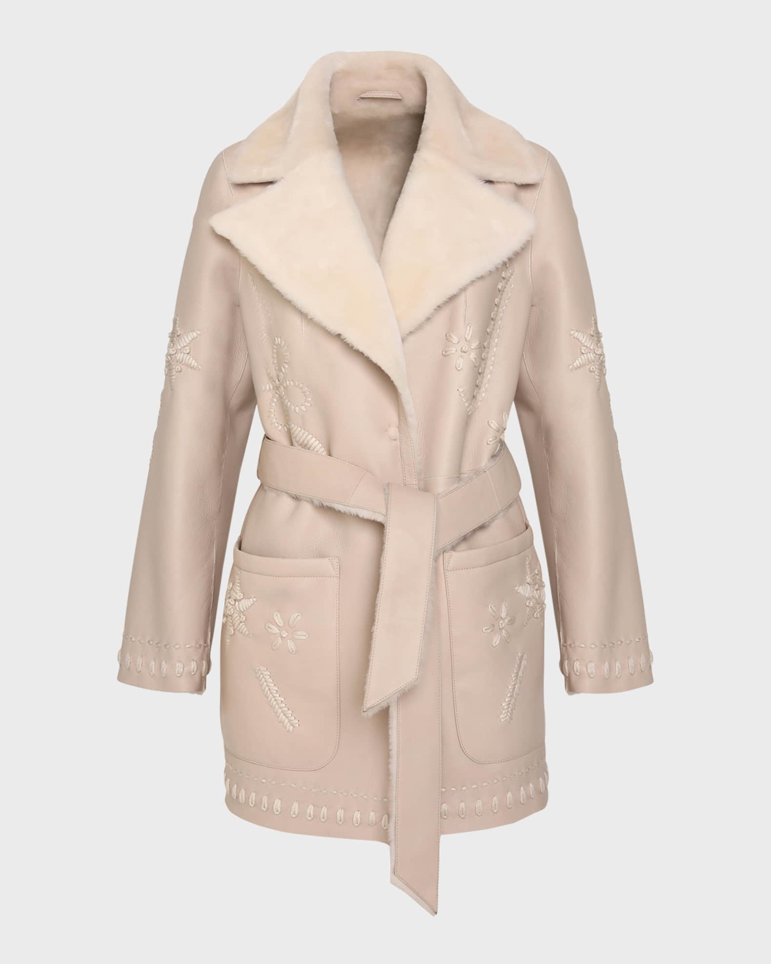 Embroidered Lamb Shearling Wrap Jacket 0