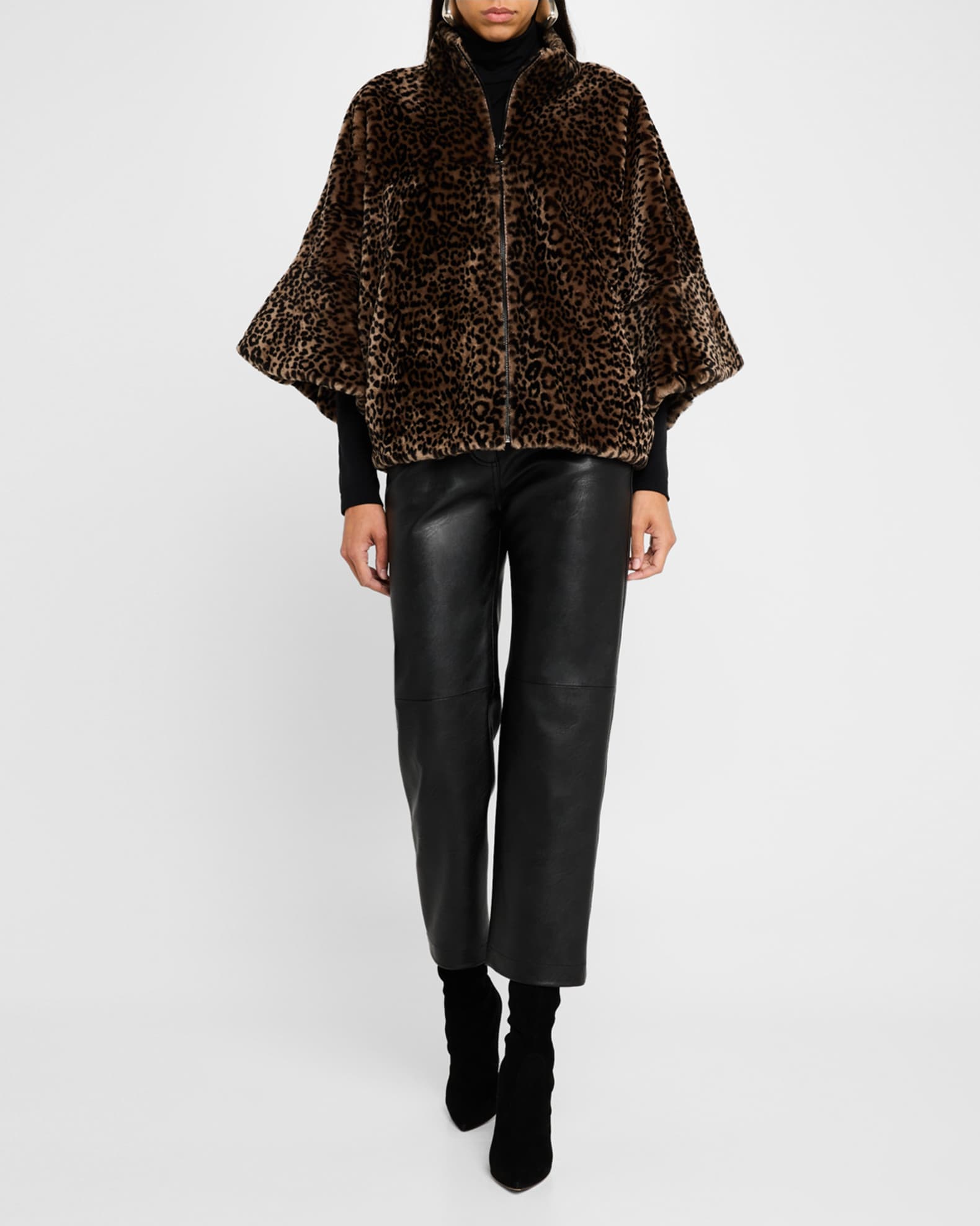 Leopard-Print Shearling Lamb Zip Jacket With Cropped Sleeves 1
