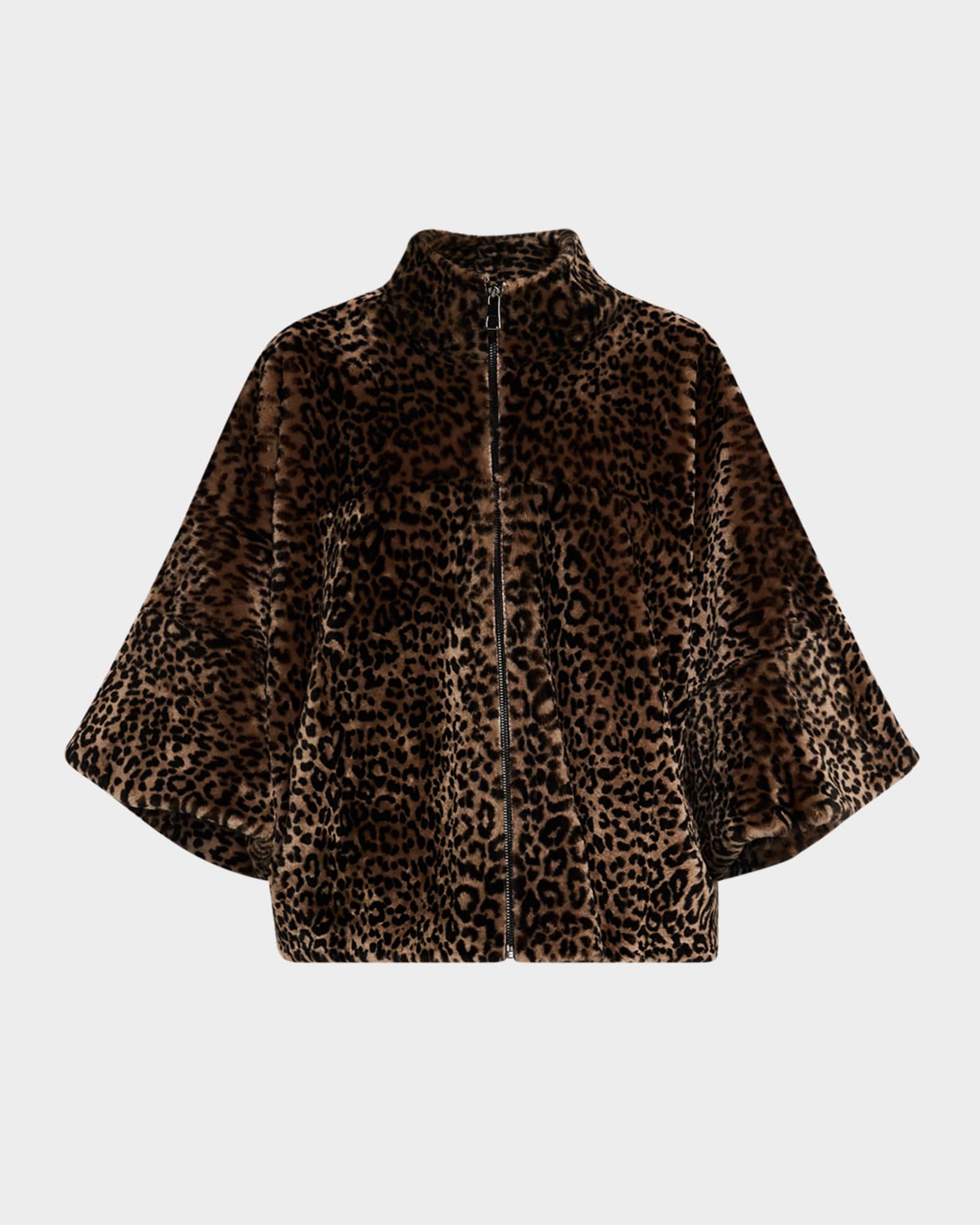 Leopard-Print Shearling Lamb Zip Jacket With Cropped Sleeves 0