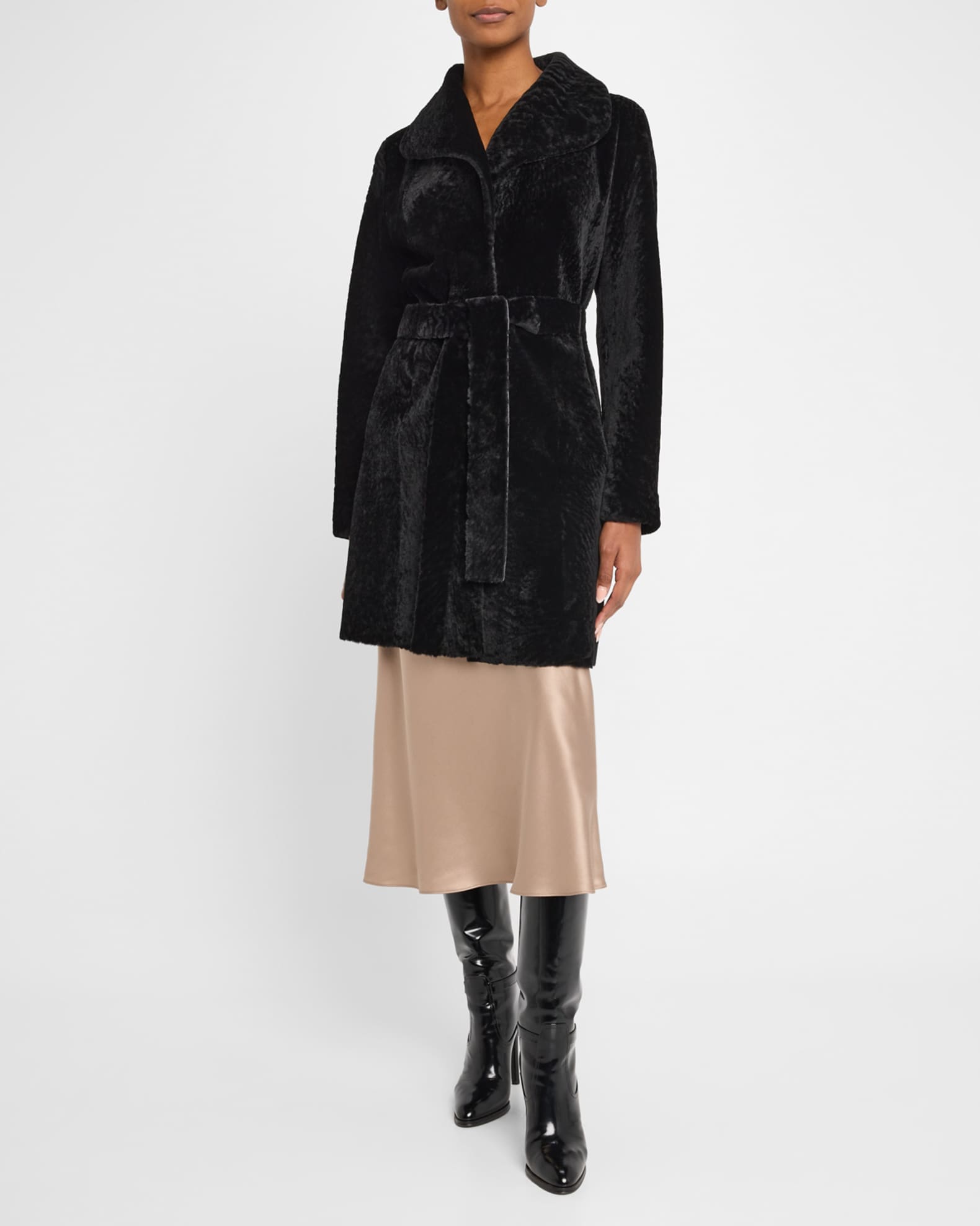 Textured Lamb Shearling Reversible Stroller Coat With Belt 1