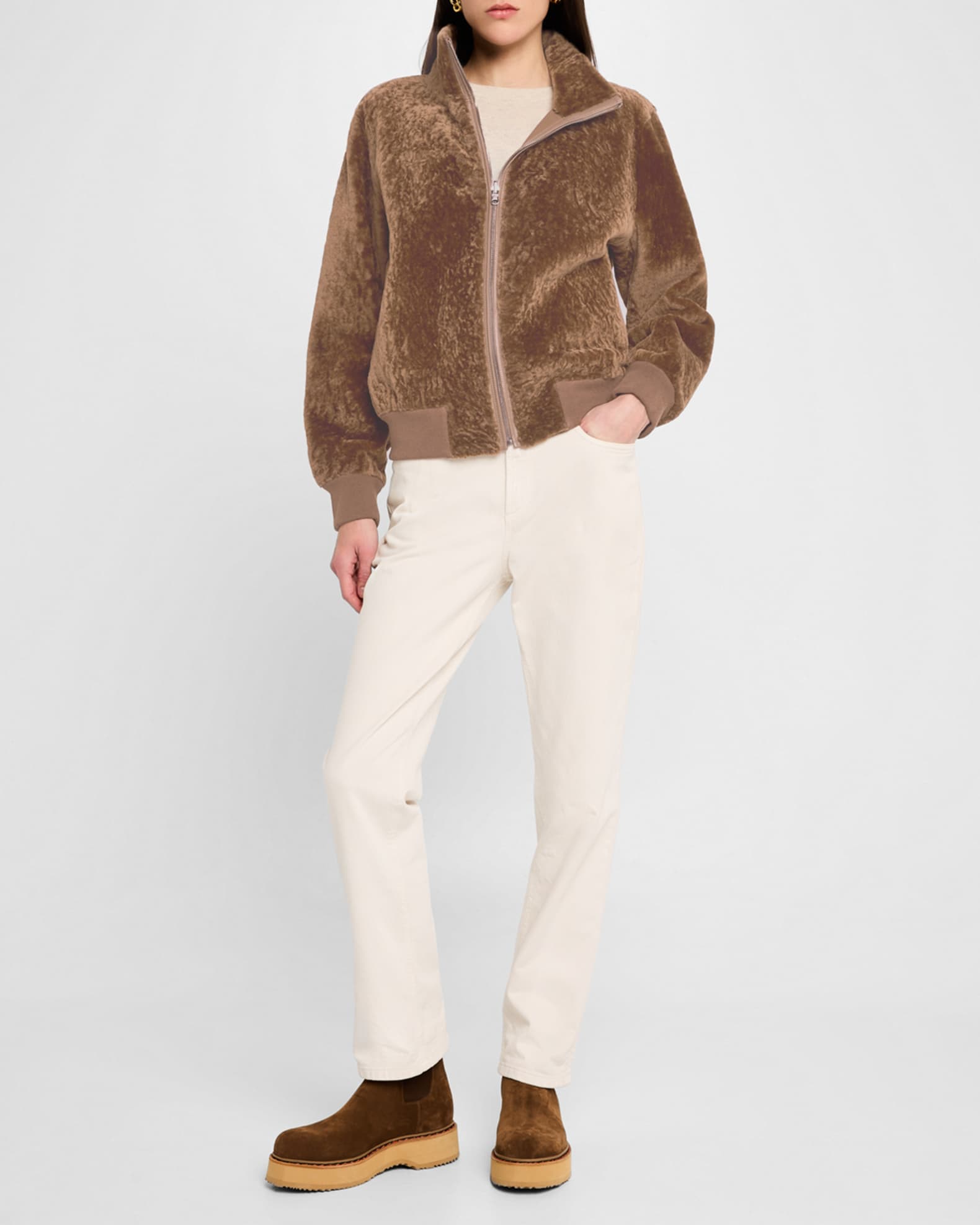 Reversible Textured Shearling Lamb Bomber Jacket 1