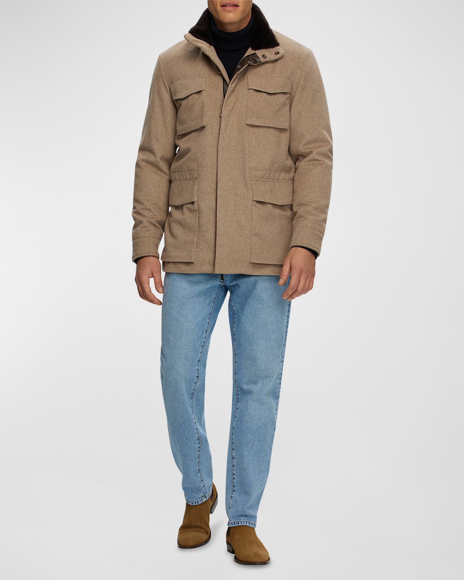Men's Fabric Jacket With Lamb Shearling Collar 1