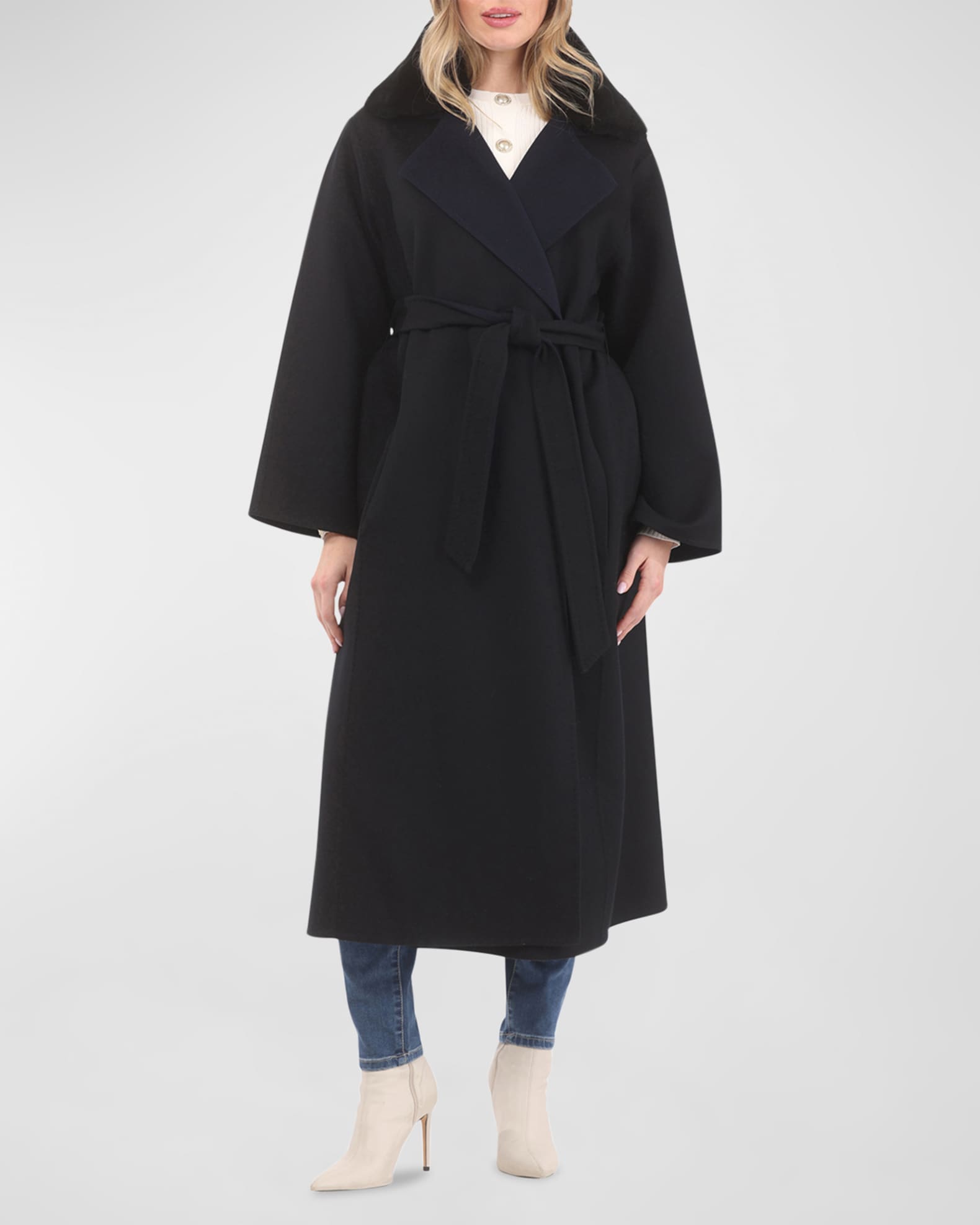Reversible Wool Belted Coat with Detachable Lamb Shearling Collar 1