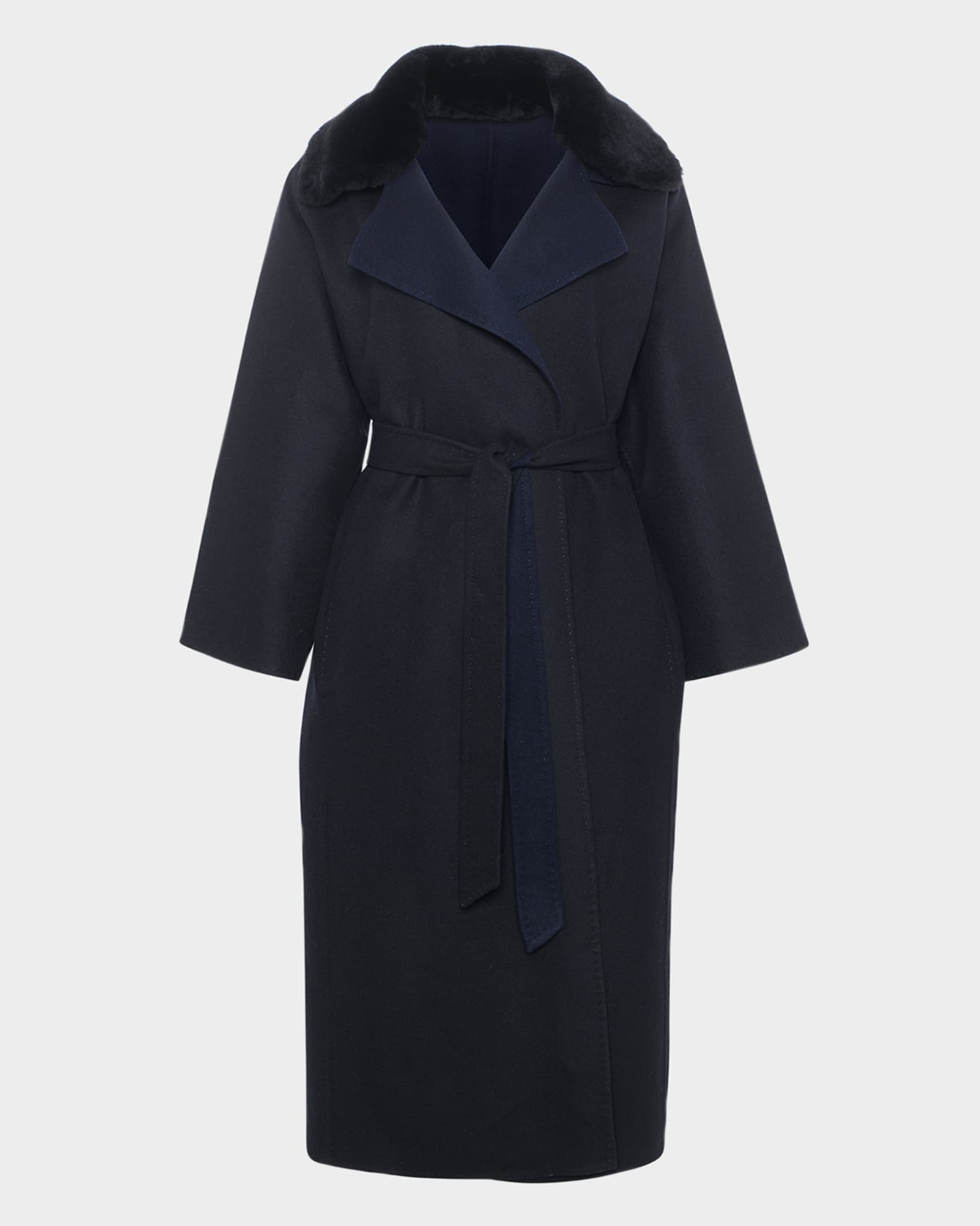 Reversible Wool Belted Coat with Detachable Lamb Shearling Collar 0