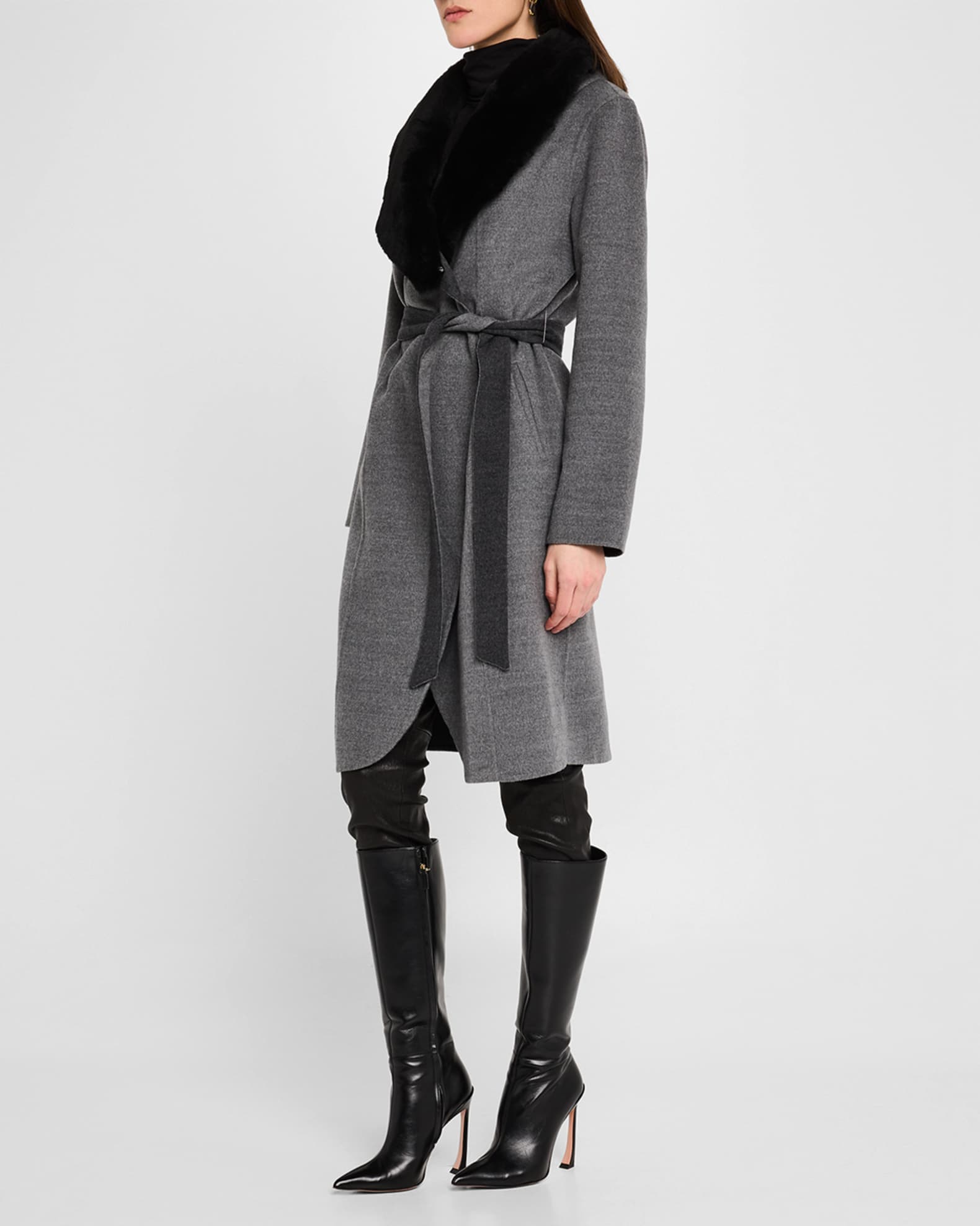 Belted Wool Stroller Coat with Detachable Lamb Shearling Collar 1