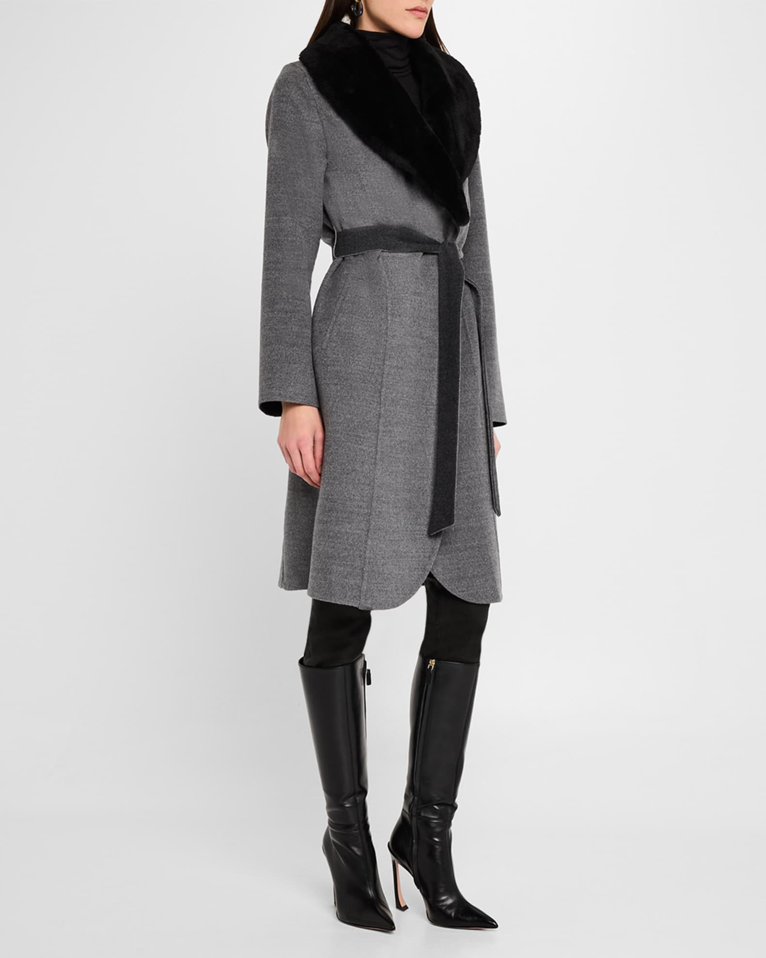 Gorski Belted Wool Stroller Coat with Detachable Lamb Shearling