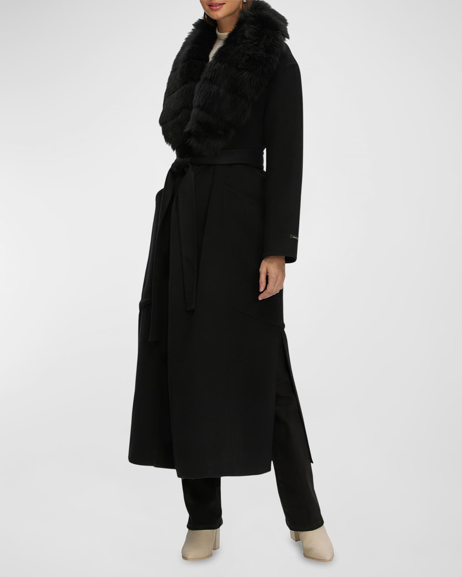 Belted Cashmere Wrap Coat with Detachable Merinillo Lamb Shearling Collar 1