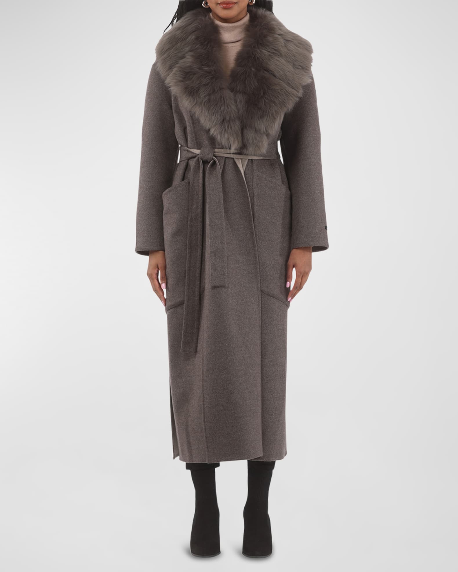 Belted Cashmere Wrap Coat with Detachable Merinillo Lamb Shearling Collar 1