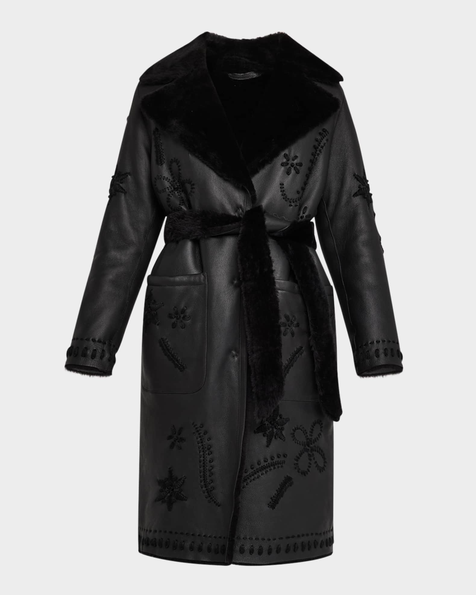 Lamb Shearling Wrap Coat with Floral Embroidery 0