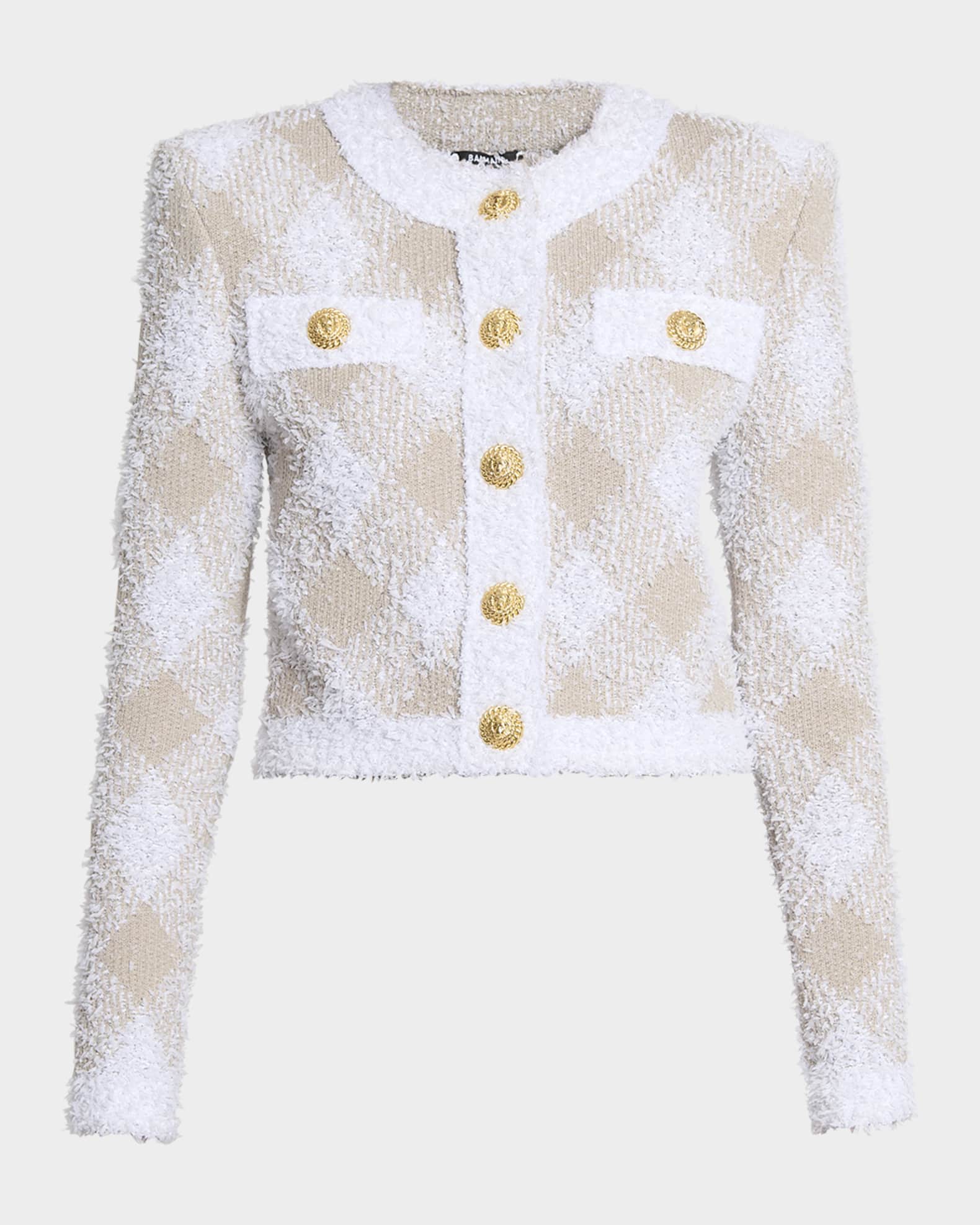 Balmain Vichy Check Tweed Knit Crop Jacket Neiman Marcus