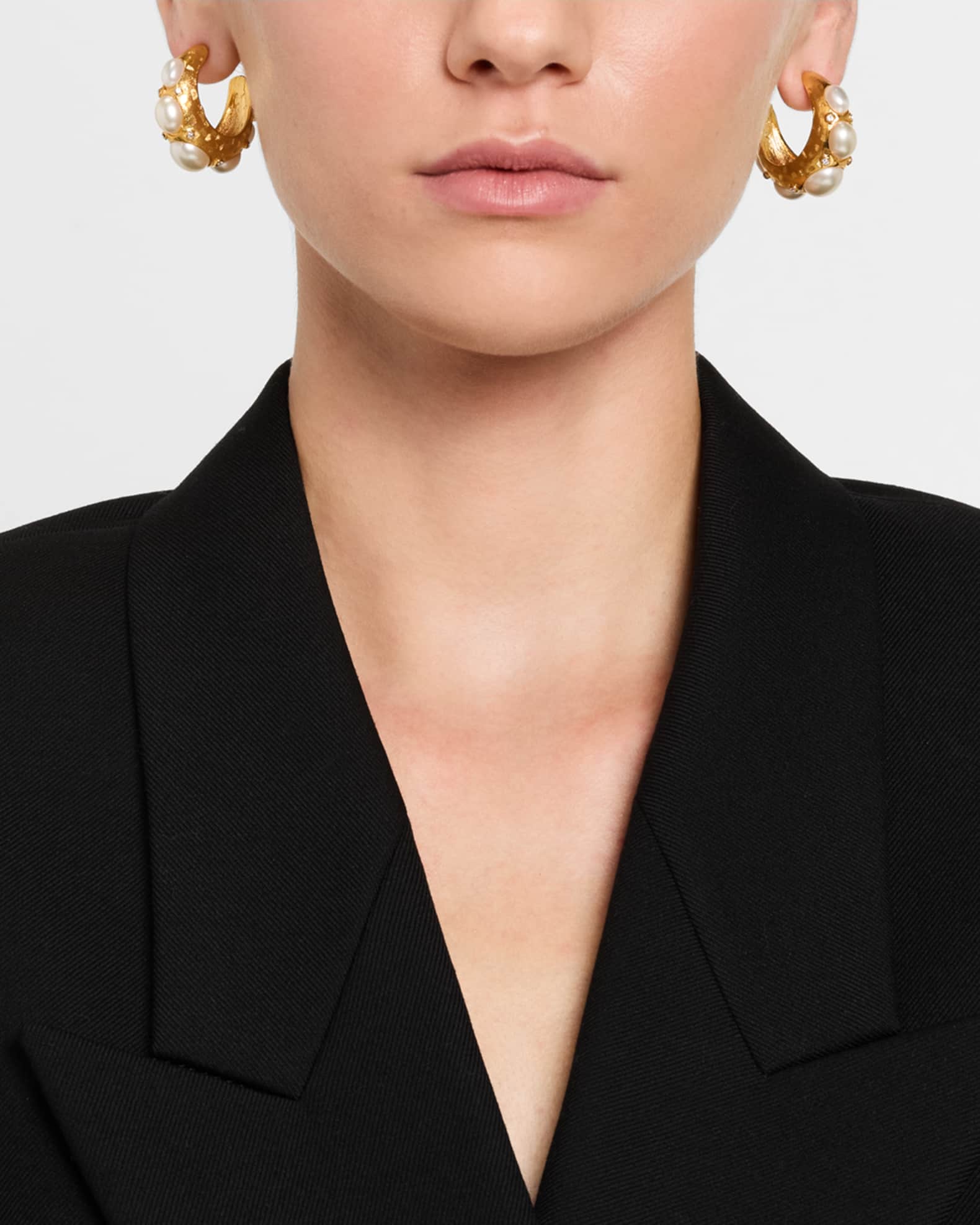 Gold Rhinestone Hoop Earrings with Oval Pearly Cabochons 1